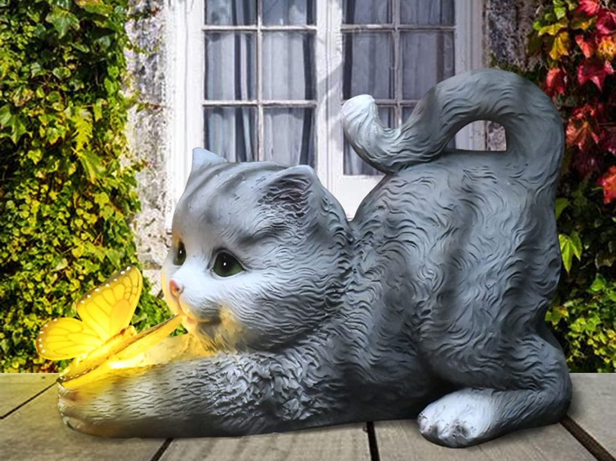 hYwecy Solar Garden Statue Cat,Garden Figurine Outdoor Decoration with Cat Holding Butterfly for Yard,Patio,Lawn Art Decoration,Housewarming Gift