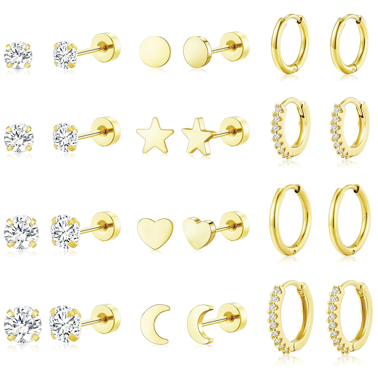 adoyi Gold Hoop Earrings Set for Women Hypoallergenic Surgical Steel Earrings for Women Sensitive Ears, 14K Gold Plated Flat Back Studs Stainless Steel Mini Hoops Earring Lightweight Jewelry