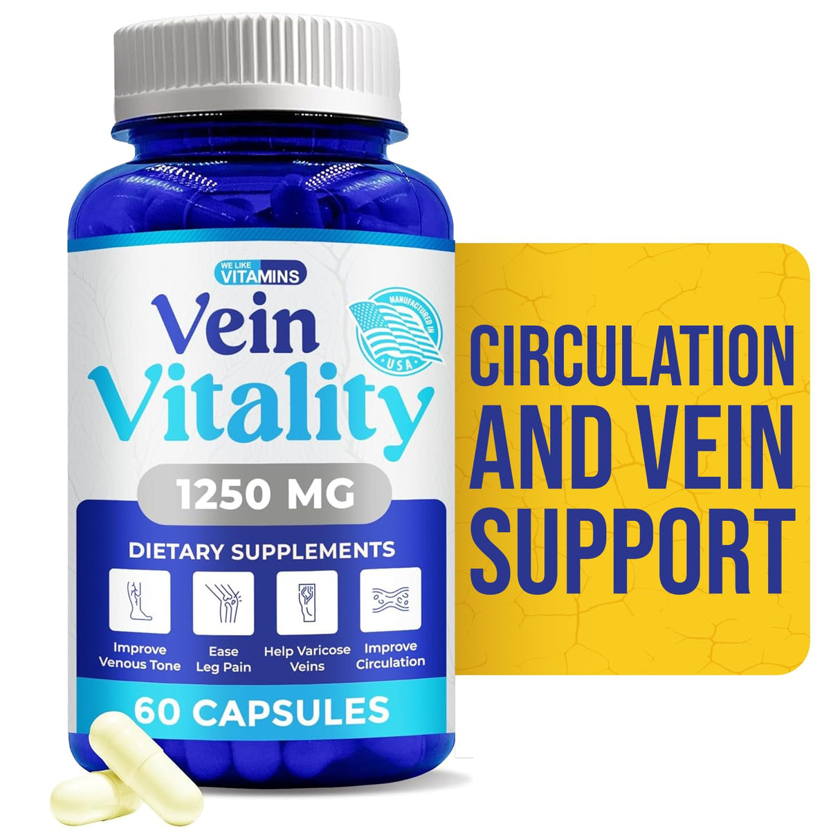 We Like Vitamins Vein Vitality 1250mg Diosmin Hesperidin Complex for Varicose Veins Treatment, Horse Chestnut, Butchers Broom, Bioflavonoids - Supports Blood Circulation for Leg Veins- 60 Capsules