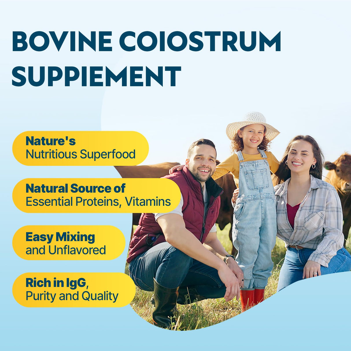 Energievoll Bovine Colostrum Supplement Powder - 60% IgG 3000 mg for Gut, Hair Growth, Beauty, and Immune, Easy to Mix, Unflavored (50 Servings)
