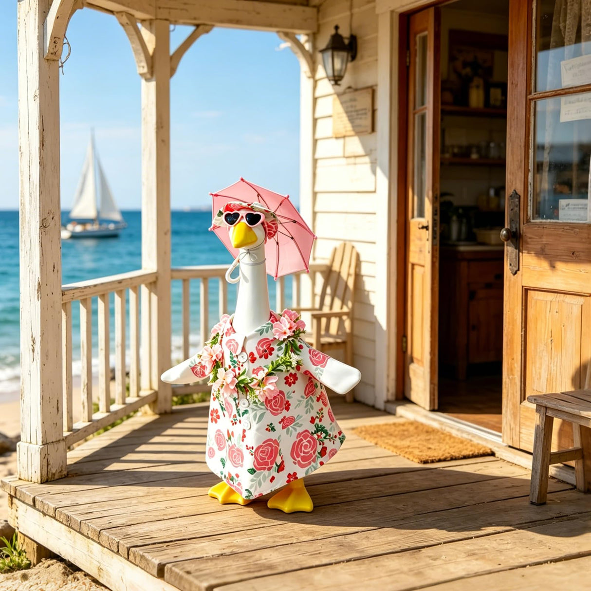 Summer 23" Pink Floral Porch Goose Set w/ Hat, Umbrella & Heart Sunglasses