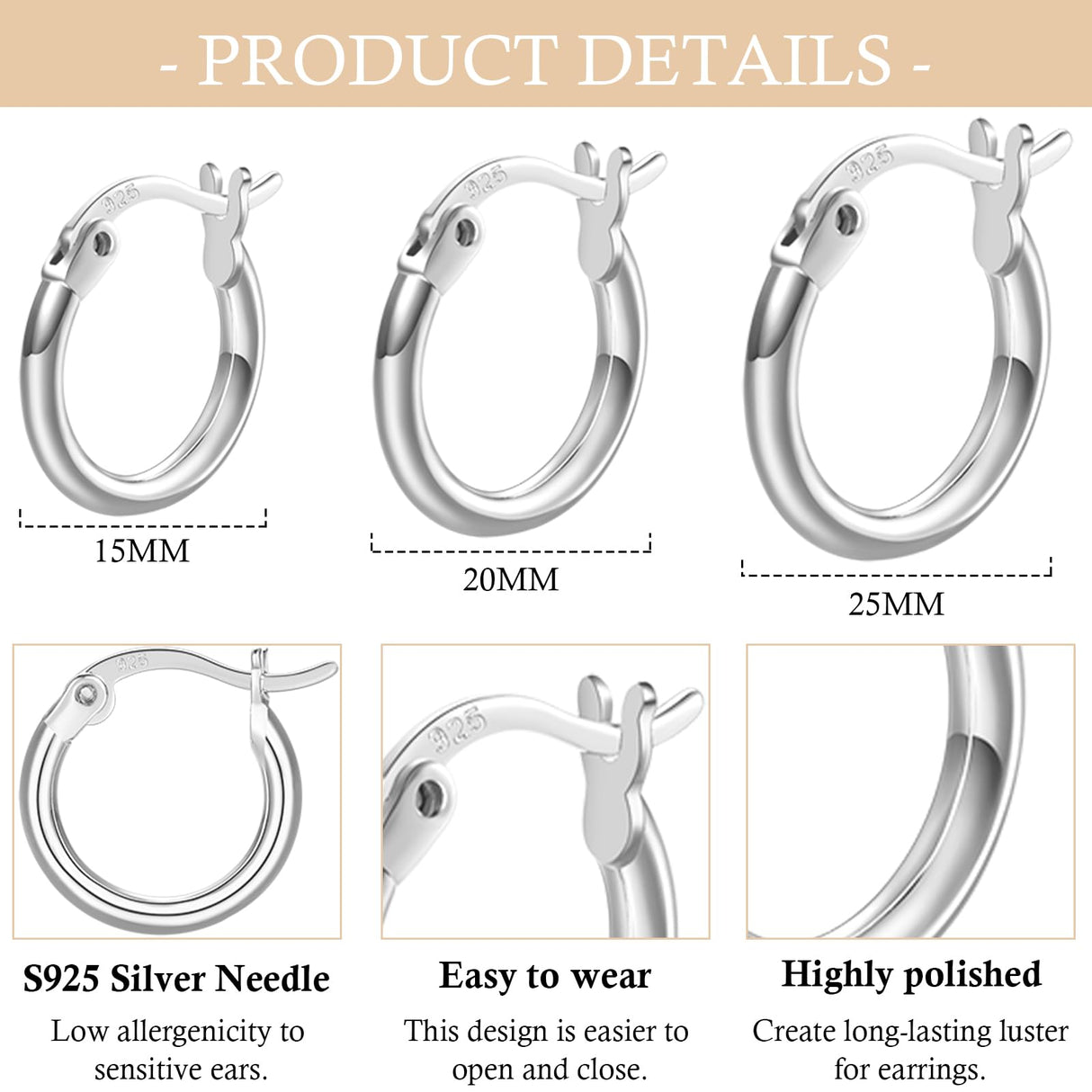 3 Pairs Sterling Silver Hoop Earrings Small Hoops for Women 15/20/25mm