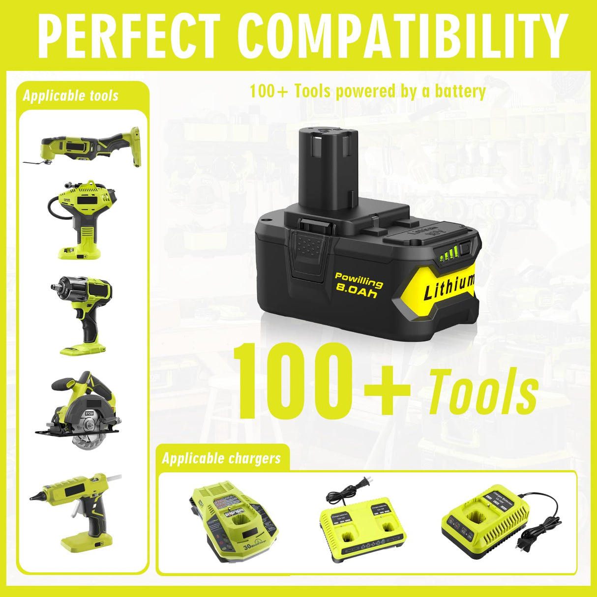 Powilling Upgraded 8.0Ah 2Packs P108 Replacement for Ryobi 18V Battery, 18 Volt Batteries for Ryobi One 18V Cordless Tools P108 P107 P105 P104 P103 P102