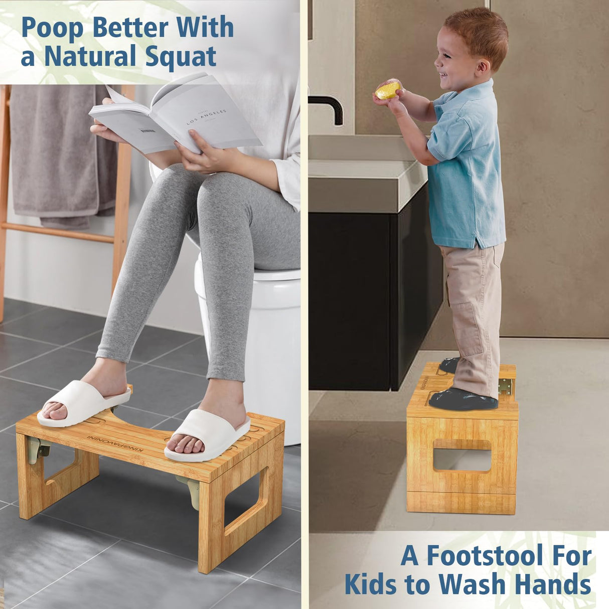 KingPavonini Bamboo Toilet Stool Squat 7in & 9in Adjustable Heights, Foldable Potty Stool for Adults with Non-Slip Layer to Improve Bathroom Posture and Comfort, 400 lbs Capacity
