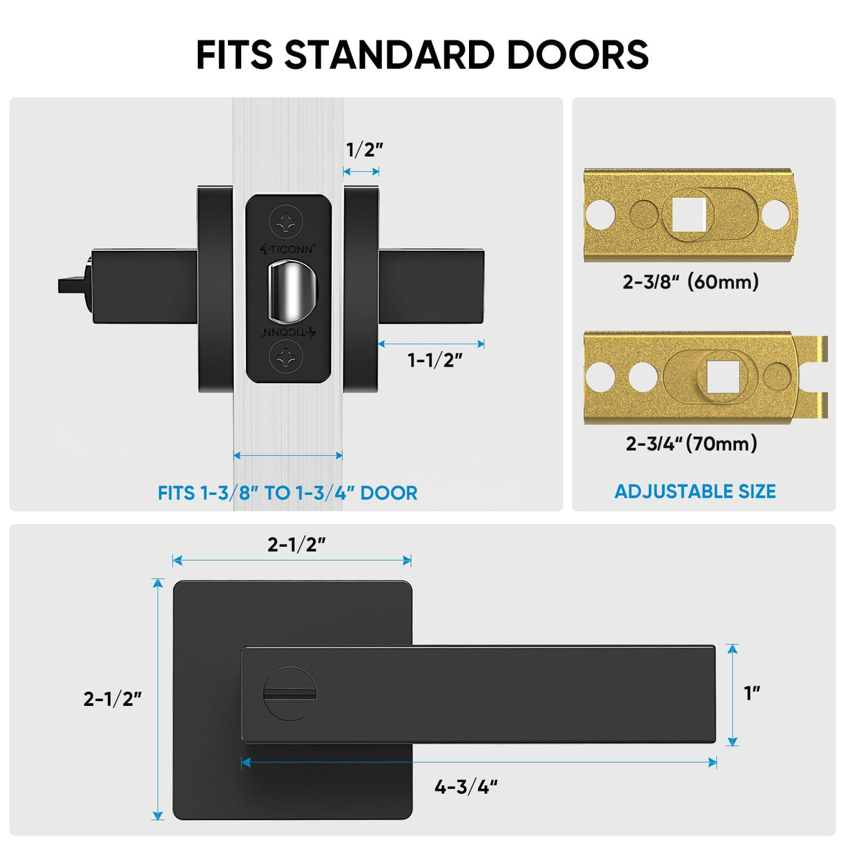 TICONN 5PK Matte Black Door Handles Interior, Reversible Square Door Levers Knob for Hallway, Bedroom, Bathroom (with Lock, 5PK Privacy)