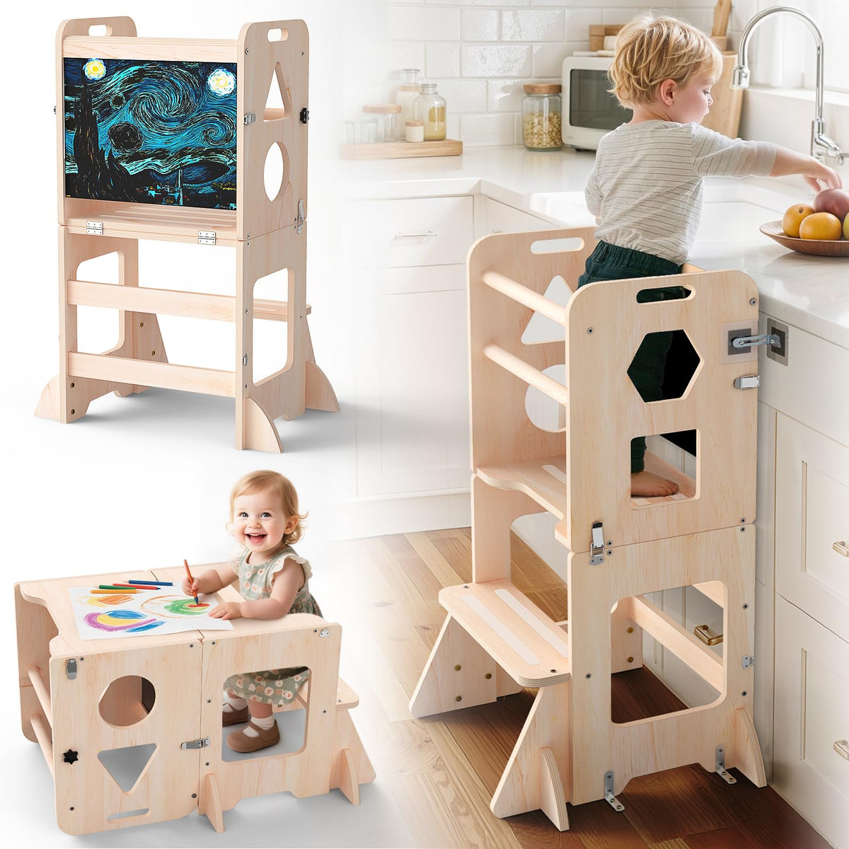OMEW Toddler Standing Tower Anti-Tip Wooden Kitchen Step Stool,Nature