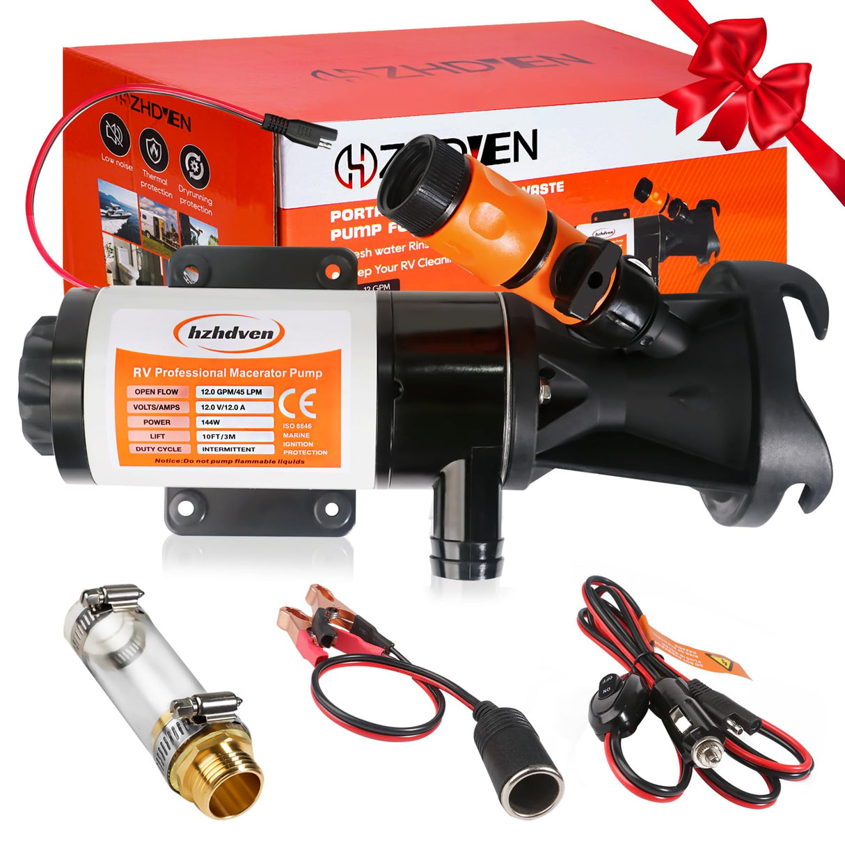 RV Macerator Pump 12V,Portable Macerator Waste Pump,12GPM Suction 3.2 feet Lift 10 feet with Garden Hose Discharge Port,Quick Release Sewage Pump with Fresh Water Crushing for Halloween Christmas