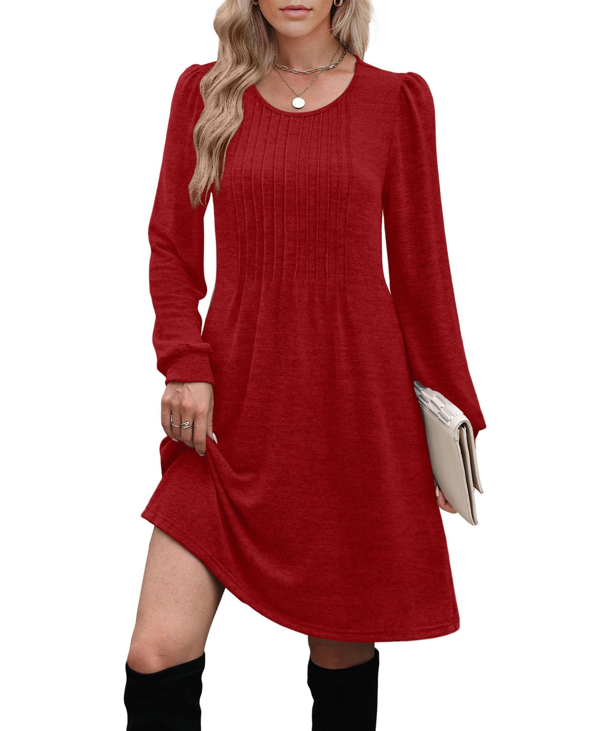 OFEEFAN Christmas Dresses for Women Sweater Dresses for Women 2025 Casual Long Sleeve Dress Pleated Fall Winter Dresses with Pockets Red L