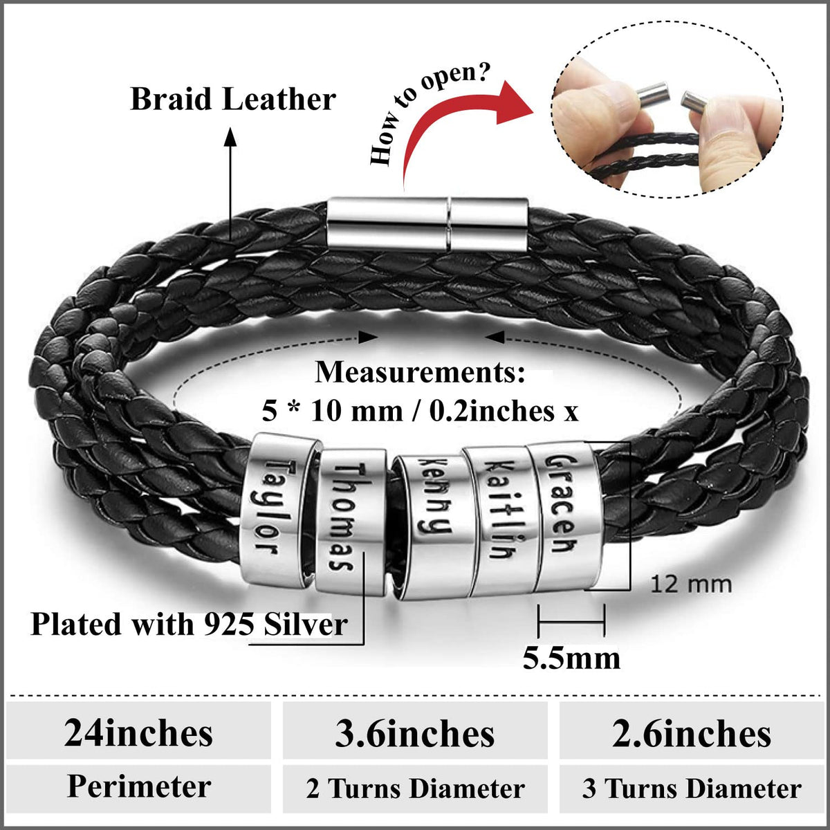ShineSand Personalized Mens Leather Bracelet with Custom Beads, Customized Braid Leather Bracelet Engraved with Names for Men(Black, 5 Beads