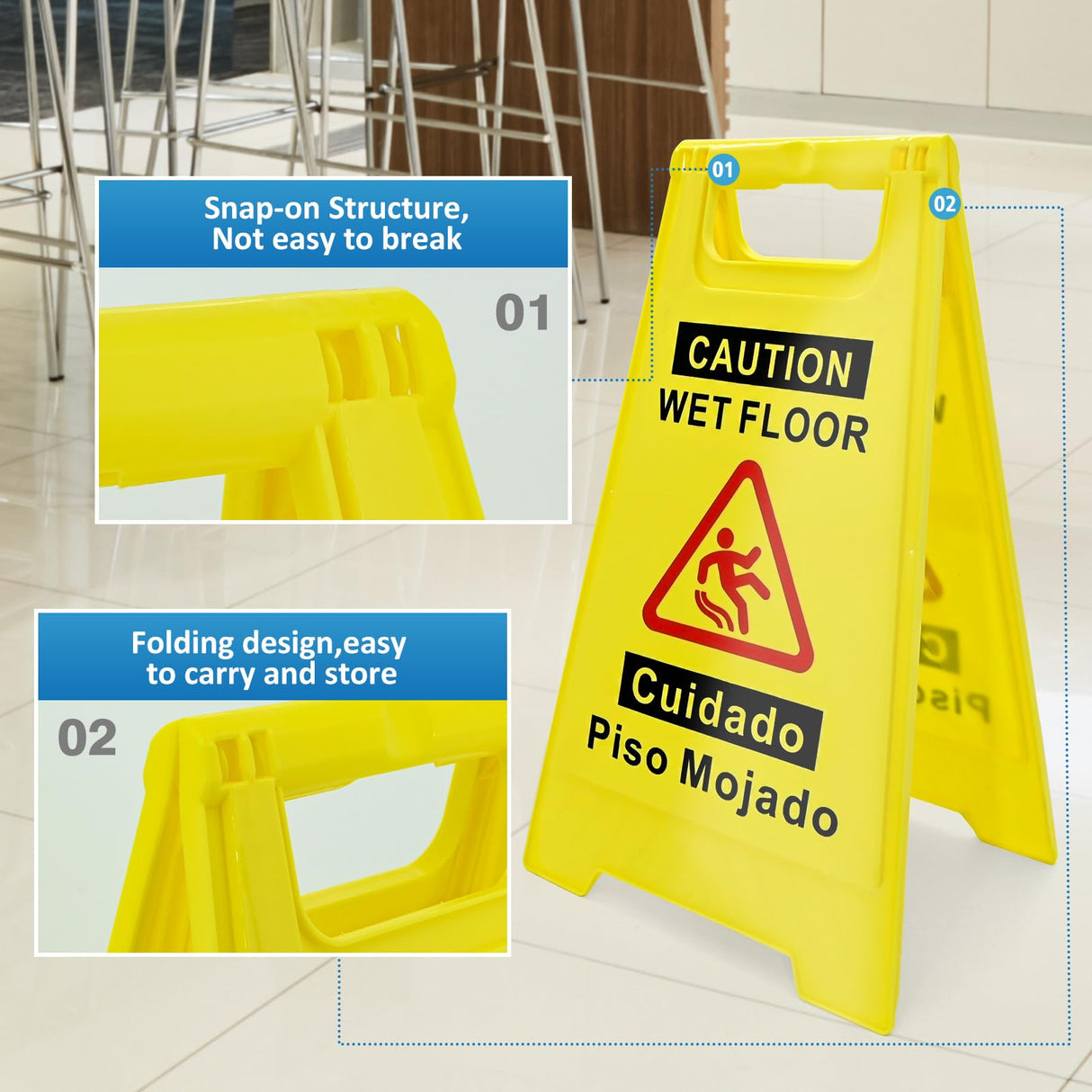 4-Pack Caution Wet Floor Sign, 17.5" Height, Bright Yellow, Double-Sided A-Shaped Frame Design, Bilingual Caution Message