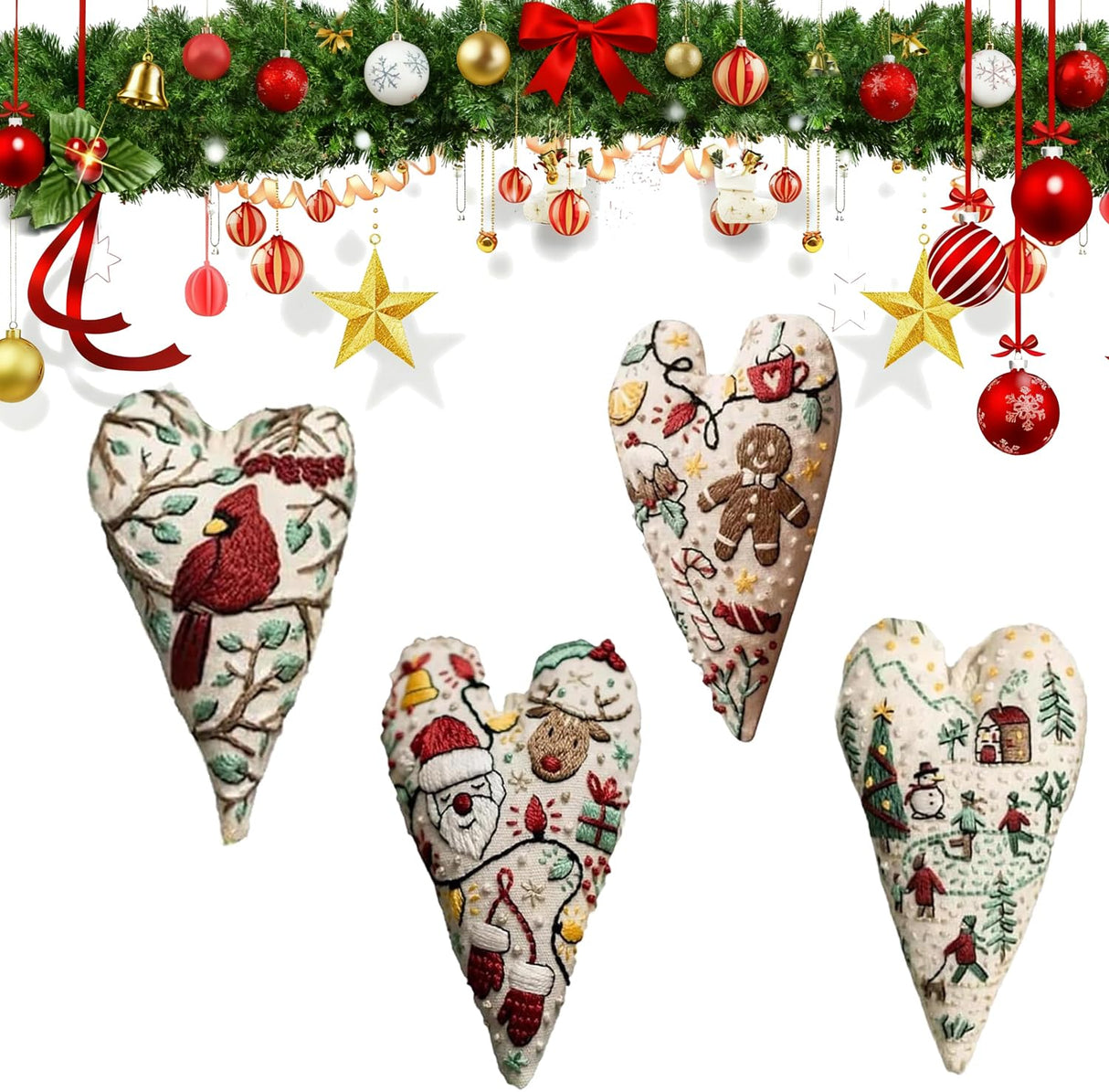 TIMLIFE DIY Heart Shaped Hand Embroidered Christmas Ornament Kit, 2026 New Embroidery Christmas Ornament Kits, Handmade Tree Decoration for Holiday Decorations, Winter Decor (4PCS)