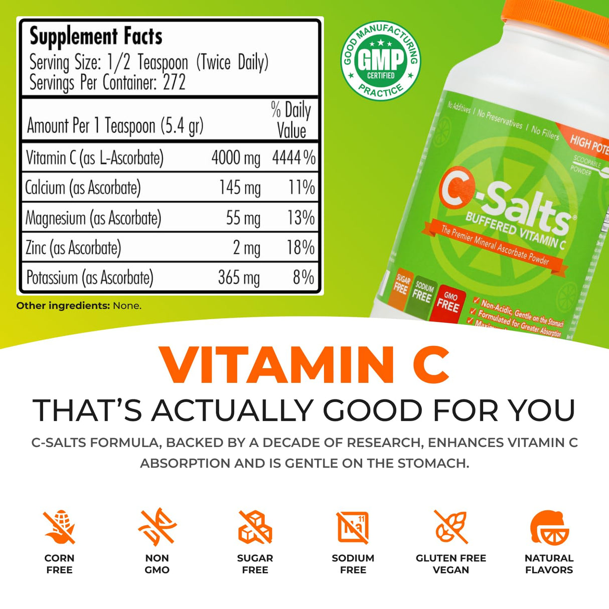 C-Salts Original Vitamin C Powder Supplement - 100% Pure High Dose Buffered Vitamin C Powder for Immune Support - Sugar-Free Powdered Drink Ascorbate, Organic, Stomach-Friendly, Original 26oz