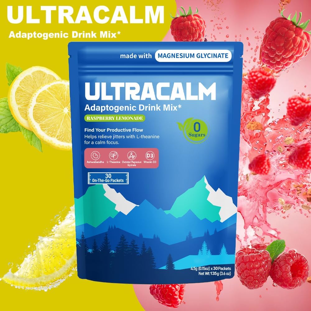 UltraCalm Super Cortisol Drink – Calm Magnesium Glycinate Powder – 30 Servings – L-theanine, Ashwagandha, Vitamin D – No Sugar – Raspberry Lemonade – Electrolytes Powder