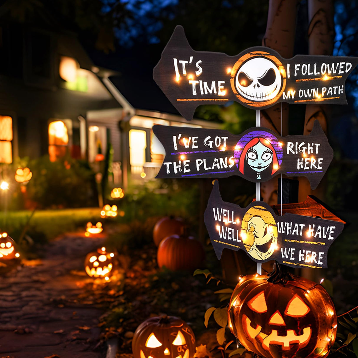 Lighted Jack Sally Yard Signs, Scary Halloween Decor Christmas Nightmare Halloween Decorations Outdoor Before Party Lawn Cute Garden Yard Stakes Outside Arrow Decorations Clearance
