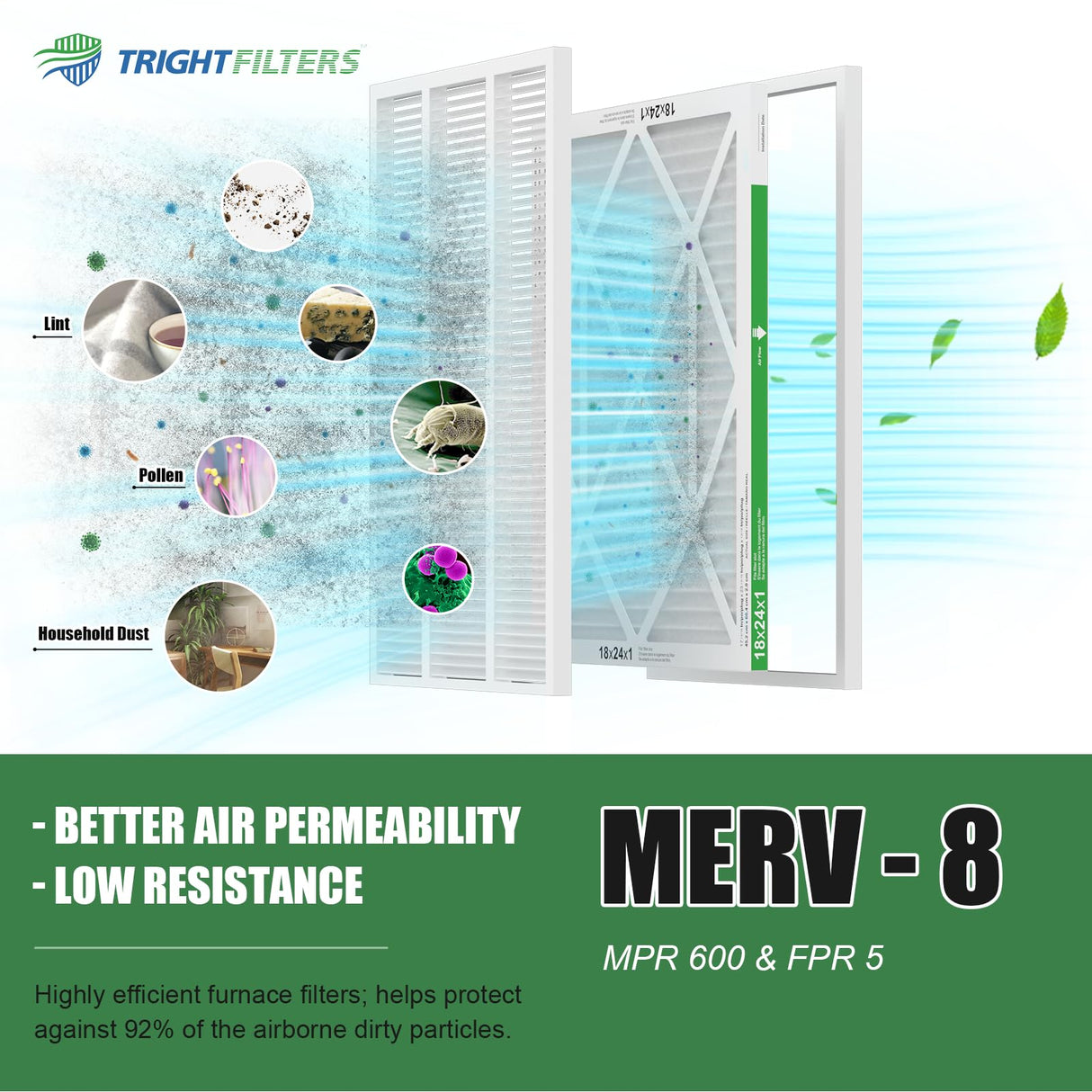 TRIGHTFILTERS 18x24x1 Air Filter 4 Pack, MERV 8 Pleated Dust Defense Air Filters Replacement for Air Conditioner & Furnace, Durable & Lightweight