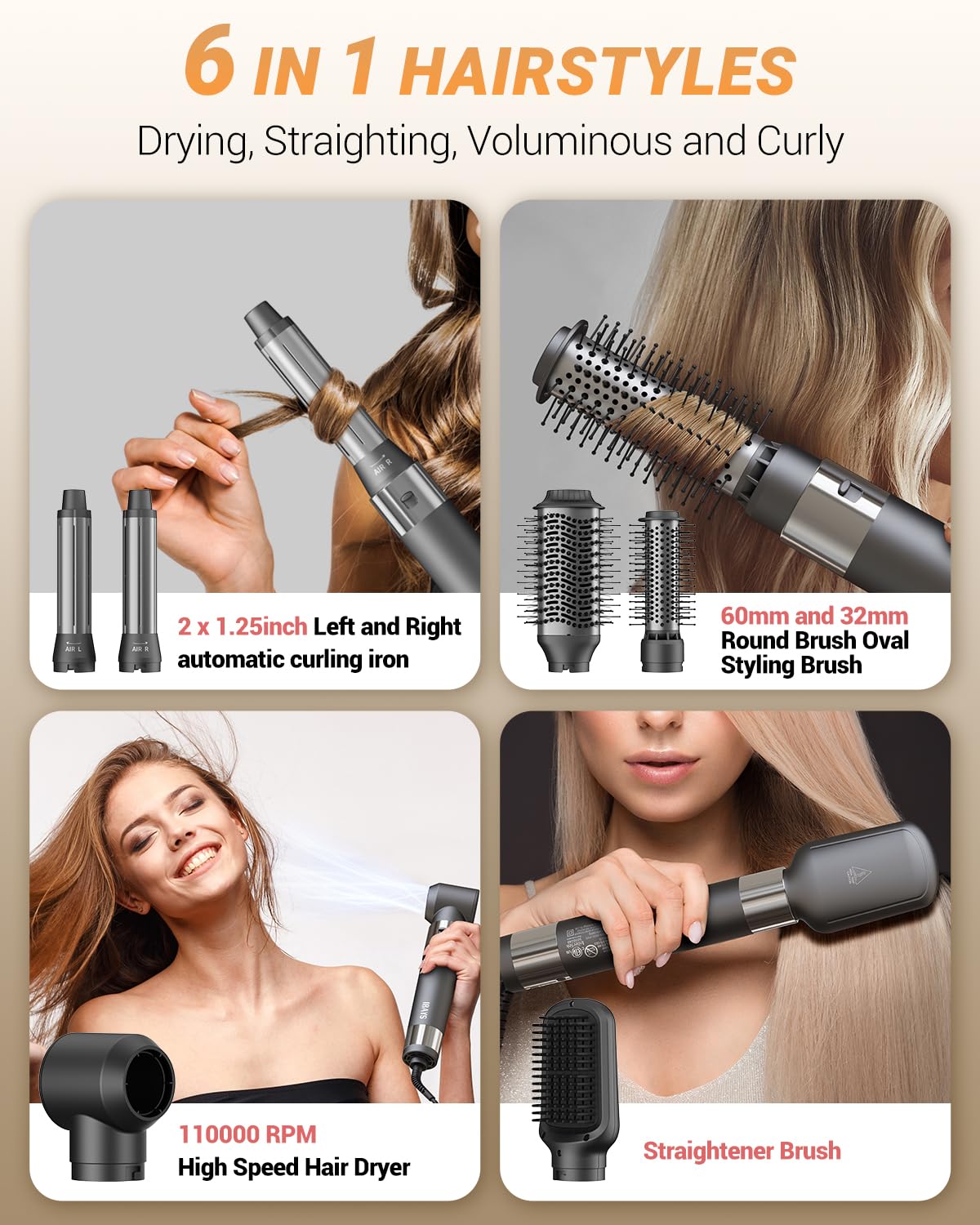 IBAYS Hair Dryer Brush 6 in 1 Professional Hot Air Styler, 110,000 RPM High-Speed Negative Ionic Hair Dryer, Auto Wrap Curler Frizz-Free Blow Dryer Brush for Curling Volumizing Straightening Styling