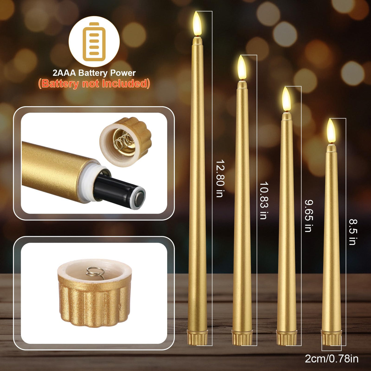 Rossesay 24 Pcs Flameless LED Taper Candles Battery Operated Candles 8.58'', 9.69'', 10.98'', 12.91'', 12.8'' Flameless Candlesticks Flickering for Halloween Christmas Church Wedding(Golden)