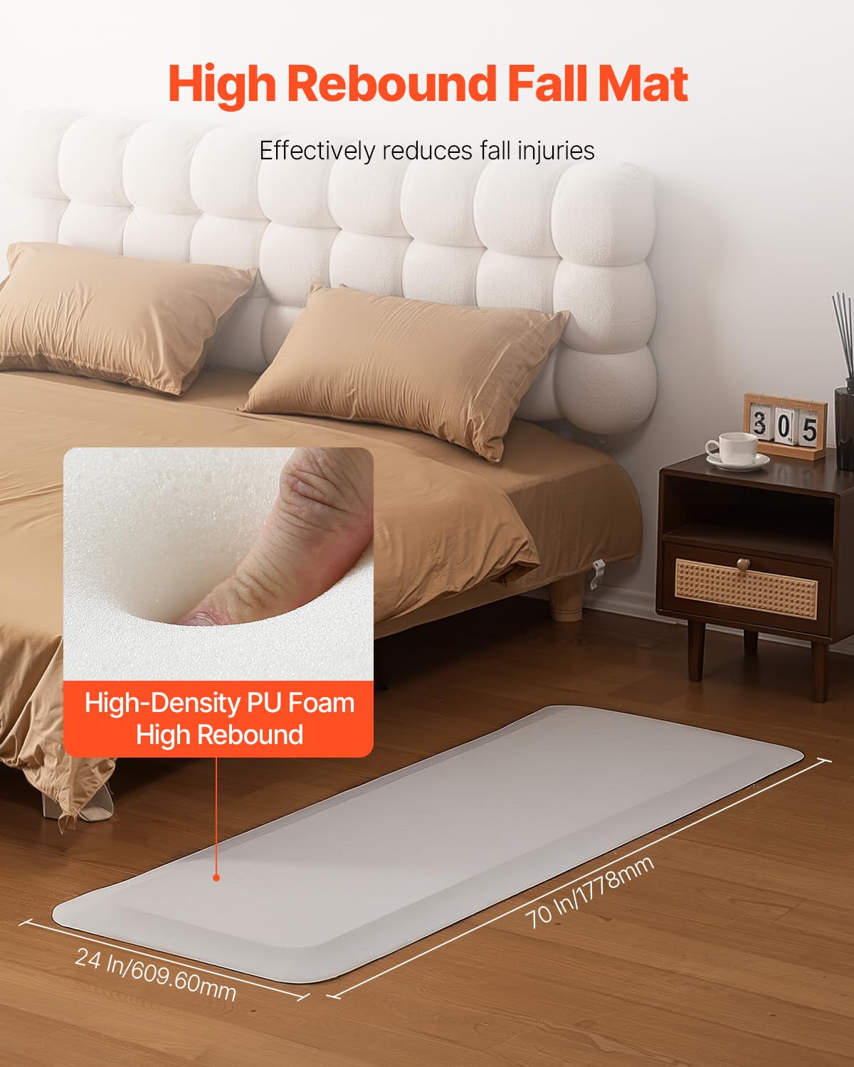VEVOR Fall Mat for Elderly, 1-inch Thickened Fall Prevention Pad with Beveled Edge, Anti-Slip Bedside Safety Floor Mat for Seniors, Handicaps, Patients (24 x 70 inch)