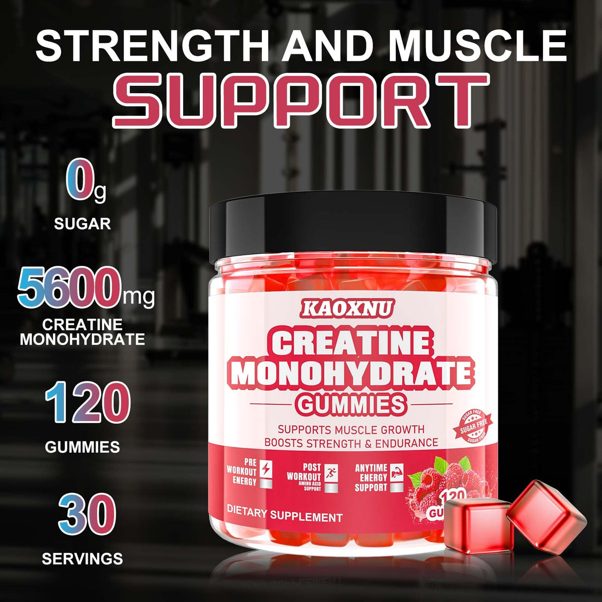 Creatine Monohydrate Gummies for Men & Women 120 CT - 5000mg of Creatine Monohydrate per Serving - Sugar Free Chewable Creatine for Muscle Strength, Muscle Builder, Energy Boost (Raspberry Flavor)