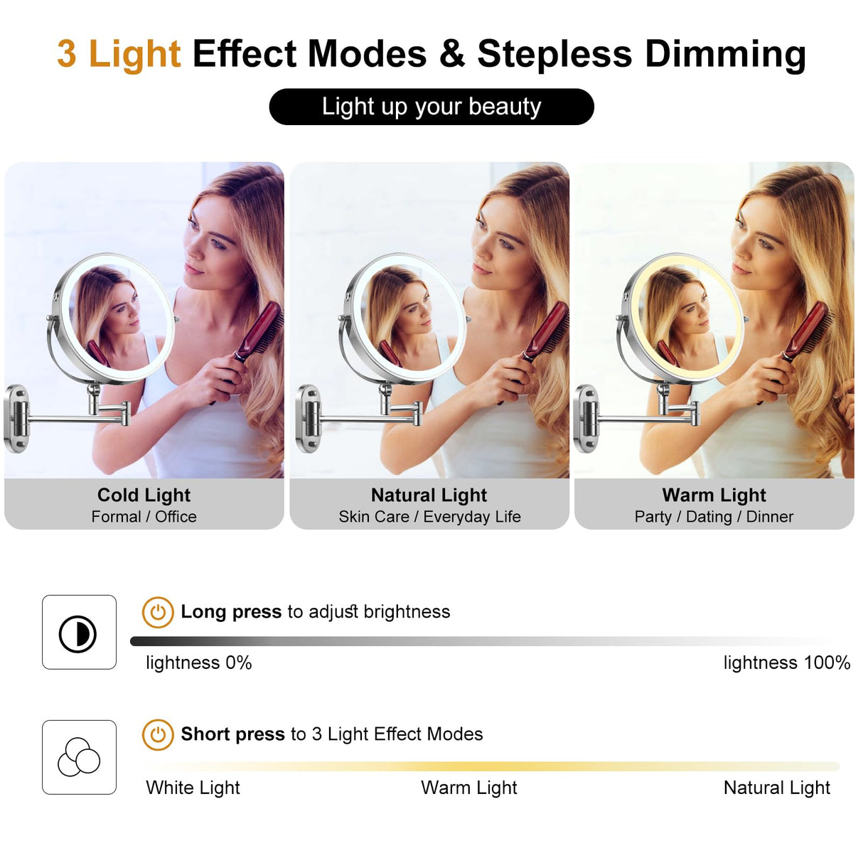 IMIKONA 9" Wall Mounted Lighted Makeup Mirror,4000mAh Rechargeable Double Sided 1X/10X Magnifying Mirror with Light,3 Color Lights,Touch Dimmable,Extended Arm 360 Rotation Wall Mounted Makeup Mirror