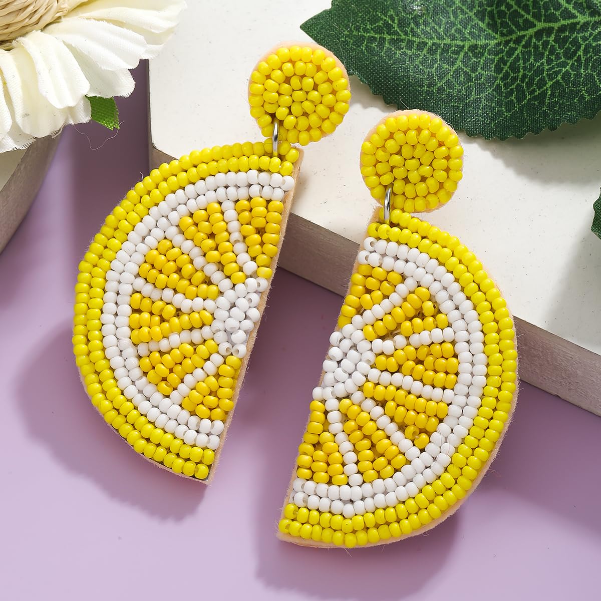 Beaded Yellow Lemon Dangle Earrings for Women, Vibrant Handmade Beads Lemon Fruit Statement Earring for Summer Jewelry Gifts