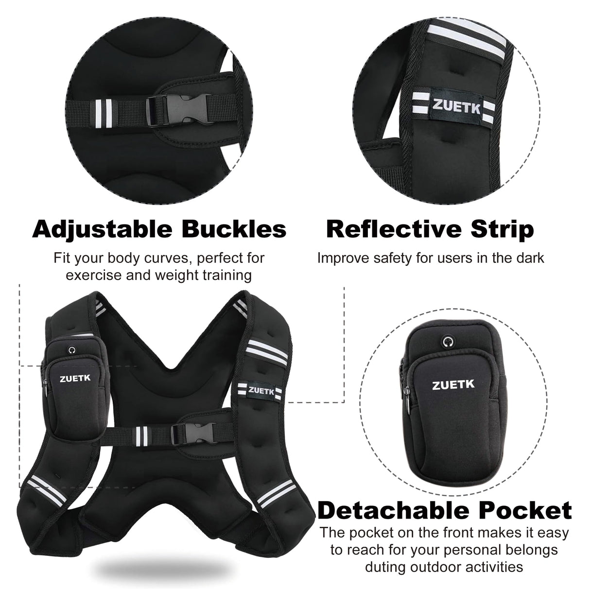 ZUETK Weighted Vest, 6lb/8lb/12lb/16lb/20lb/25lb/30lb Weight Vest with Reflective Stripe, Weighted Vest for Men Women Workout Equipment for Strength Training, Running, Jogging, Fitness, Weight Loss