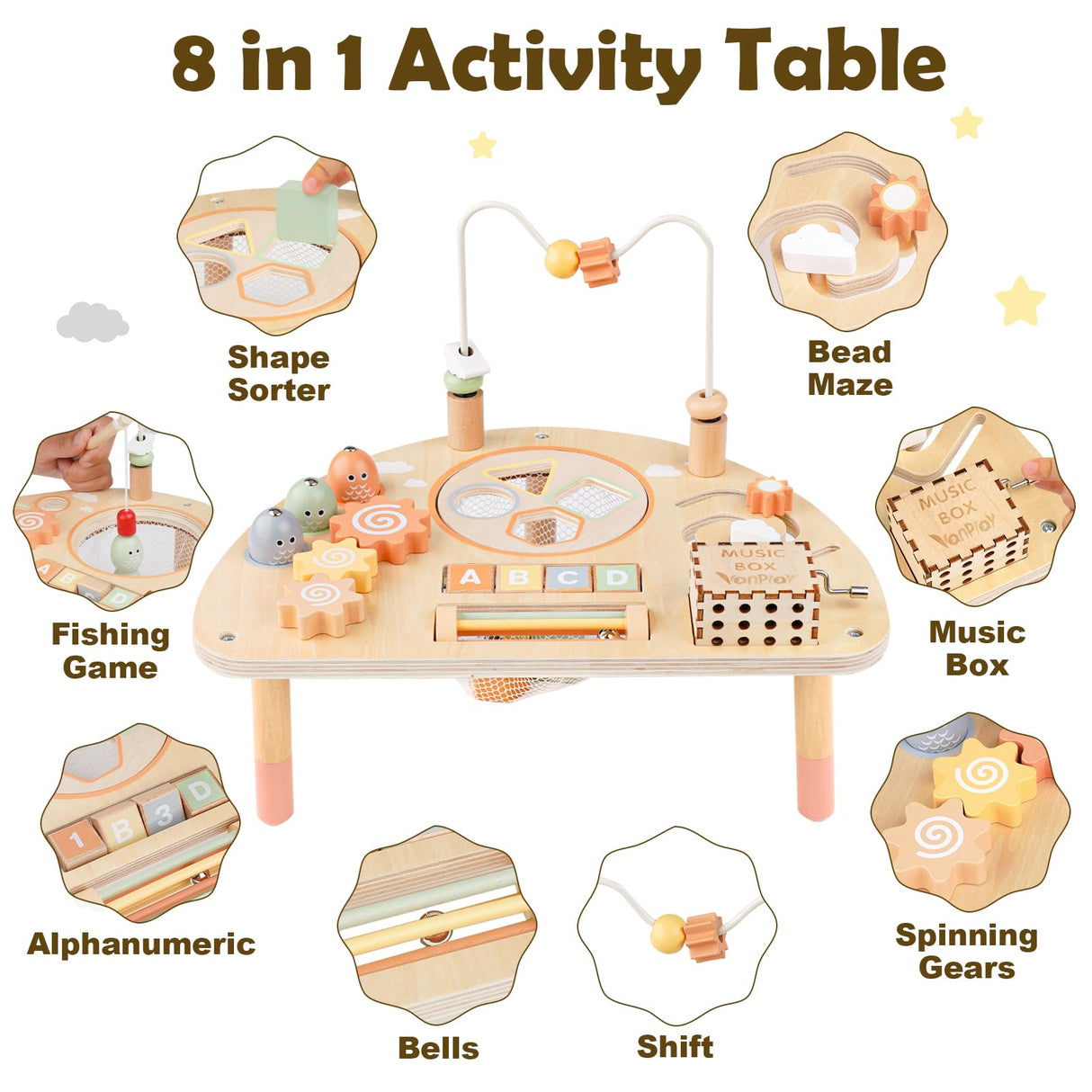 Activity Table for 1 Year Old, Montessori Toys for 1 2 Year Old Girls Boy Gifts, 8 in 1 Wooden Sensory Play Table for Toddler 1-3, Learning Toys for Baby 12-18 Months 1st Christmas Birthday Gifts