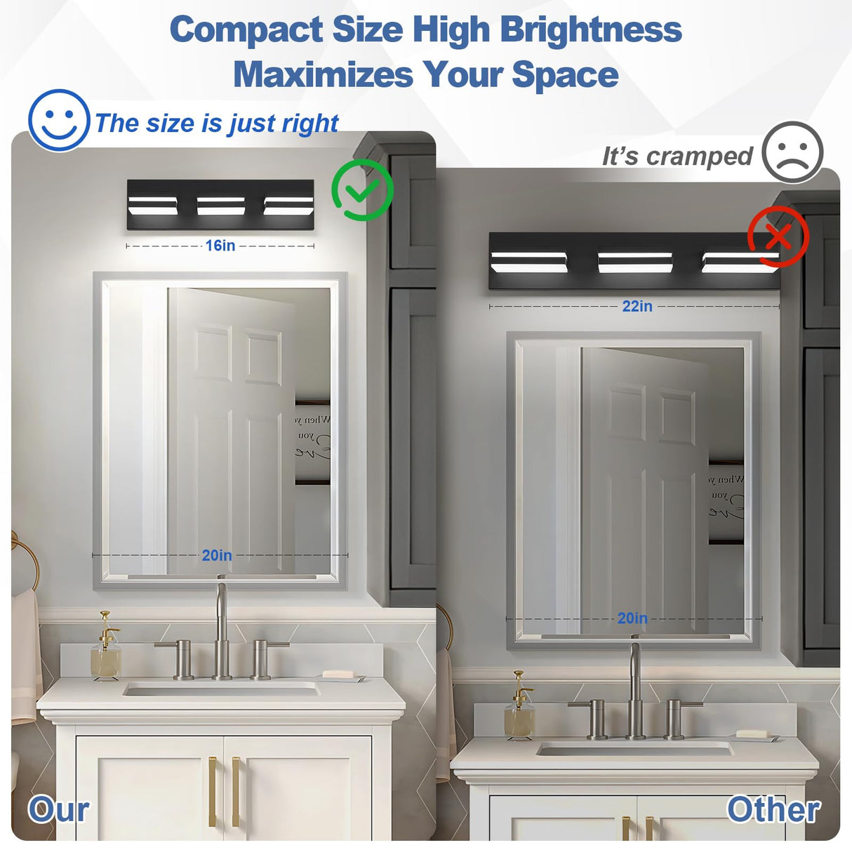 JZEKVN Modern LED Small Bathroom Lights Fixtures 3-Light,Metal Black Acrylic Wall Lighting,Vanity Lights for Bathroom Over Mirror 6000K 16in