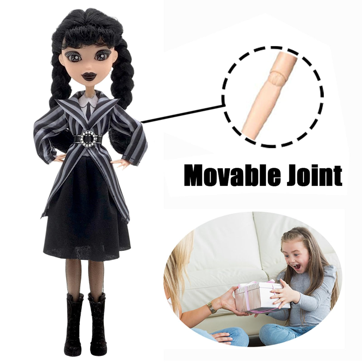 9' Addams Doll with Gift Box, High Heels, Black Dress, and Hair, Perfect Christmas and Birthdays Toy Gift for Girls & Fans(New B)