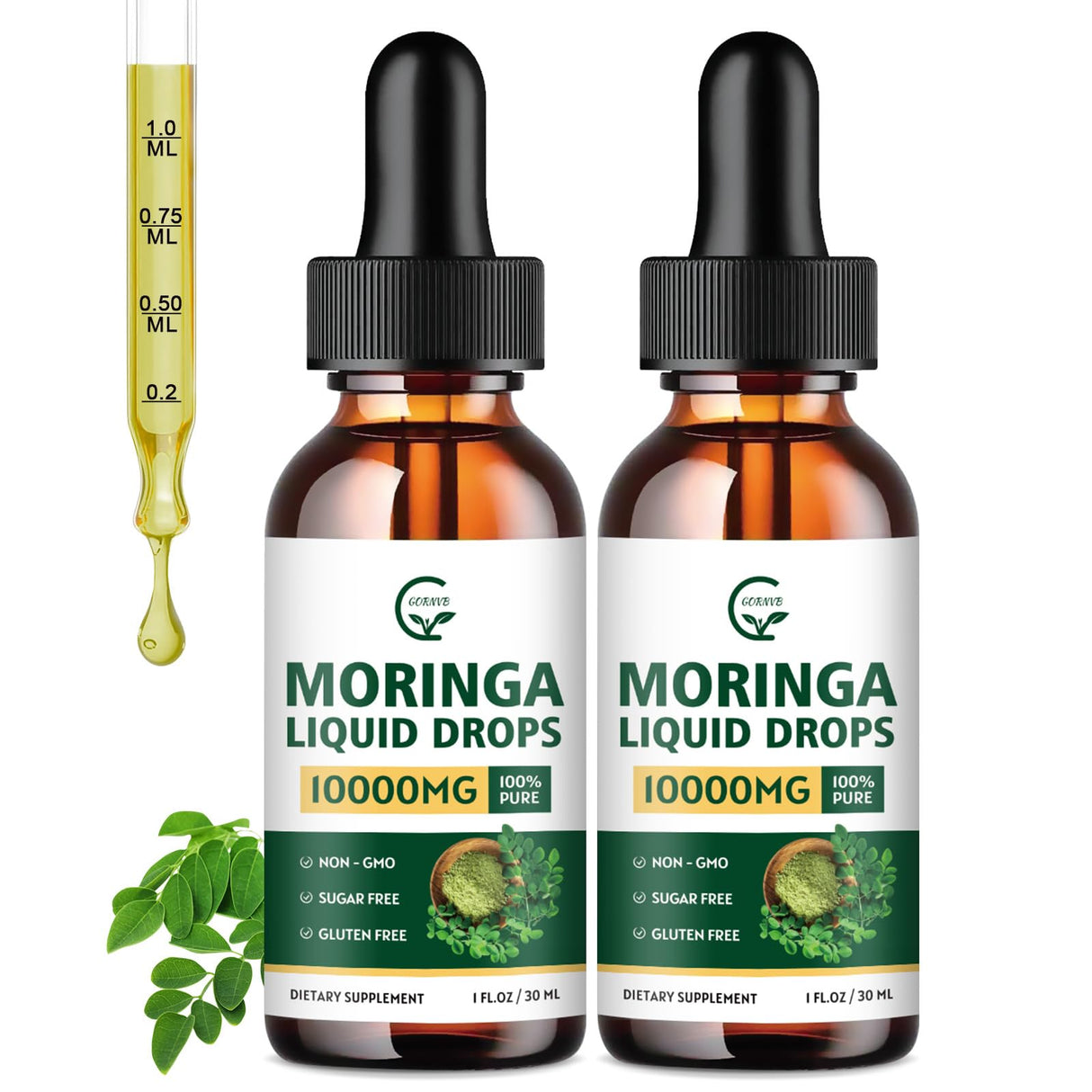 (2 Pack) Organic Moringa Liquid Drops, Moringa Supplement with Turmeric, Black Pepper, Grape Seed Extract, Pure Moringa Oleifera Leaf Extract for Skin, Gut, Immune Support, More Potency Than Powder