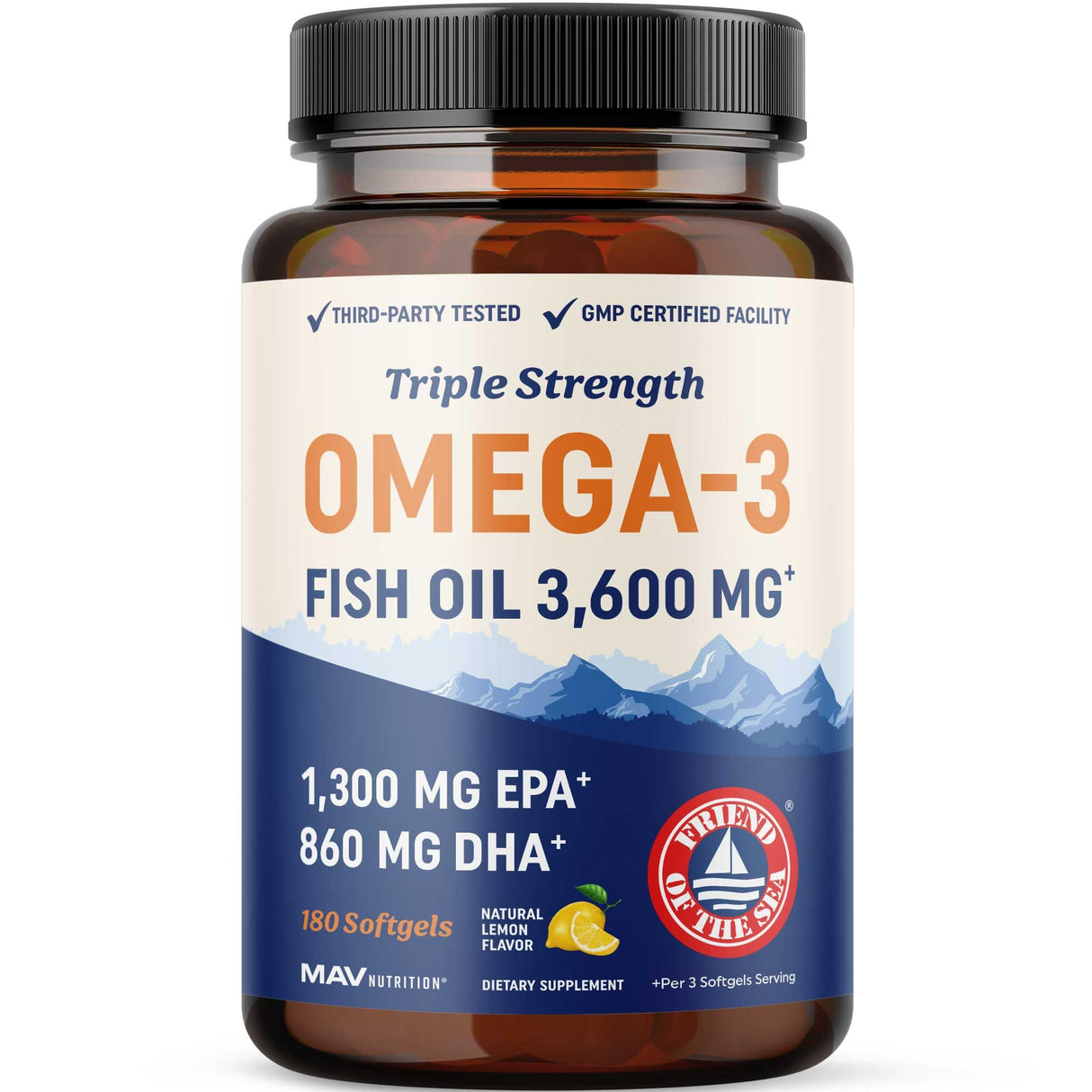 Triple Strength Omega 3 Fish Oil 3600 mg | EPA & DHA | Over 2100mg Omega-3 Fatty Acids | 1300mg EPA + 860mg DHA | Best Essential Fatty Acids | Premium Wild Caught & Burpless Fish Oil | 180 Ct