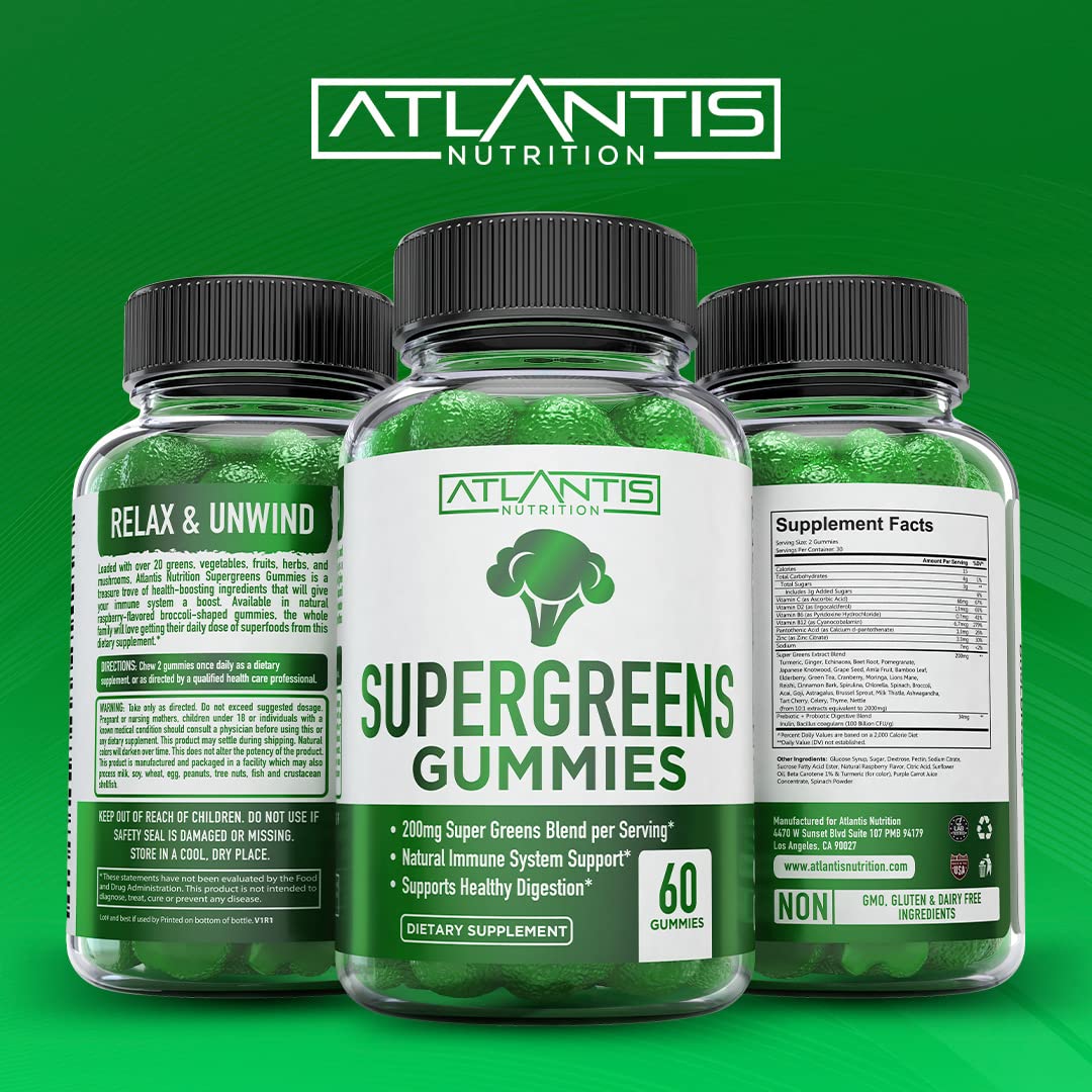 Atlantis Nutrition Supergreens Gummies - Daily Green Superfoods Supplement with Spinach, Broccoli, Moringa, Beet Root, Celery, Green Tea, & Acai for Immunity Support - Natural Raspberry Flavor, 60 cnt
