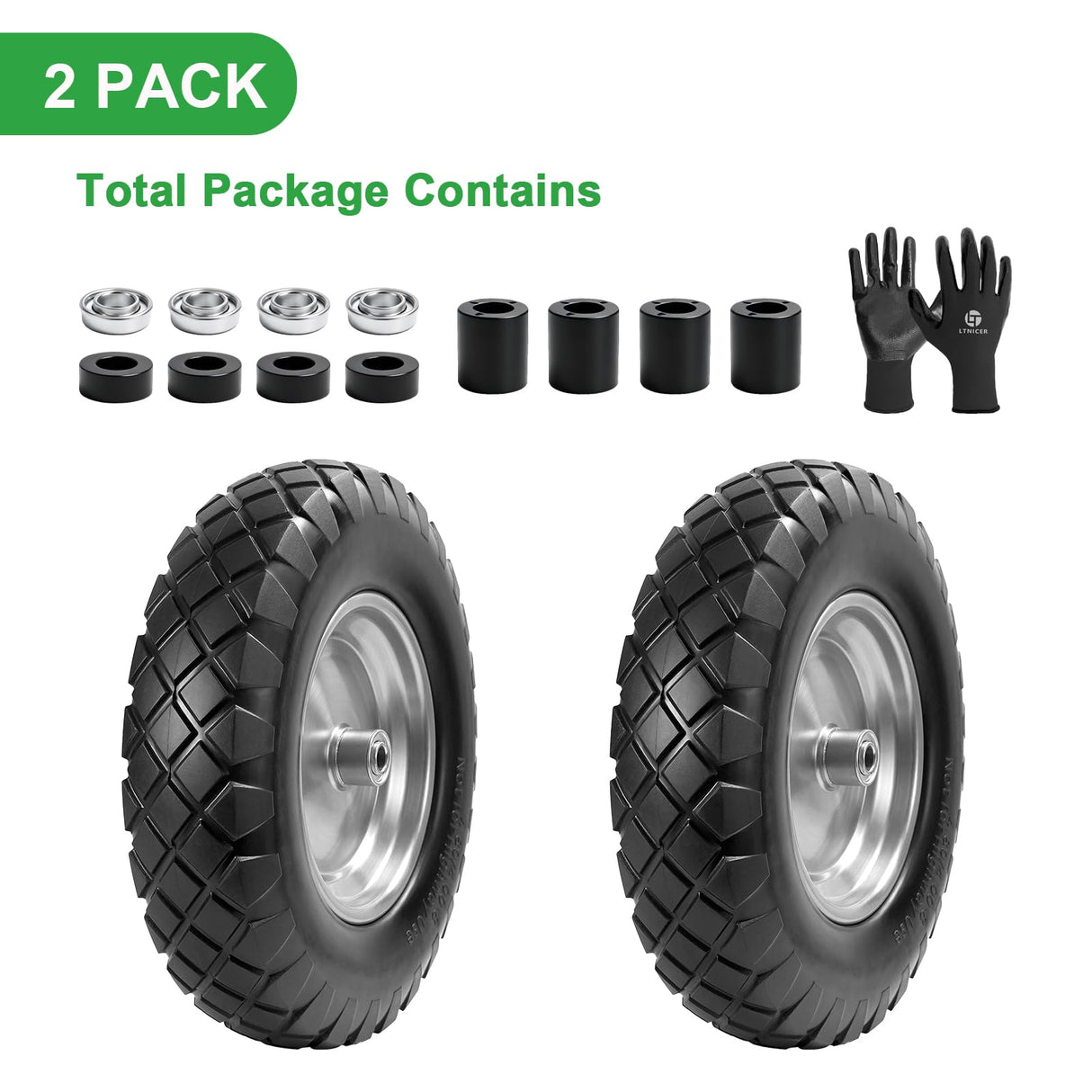 LTNICER 4.80/4.00-8" Flat-Free Tire and Wheel, 16" Solid Wheelbarrow Tires with 5/8" or 3/4" Bearings, 3-7" Centered Hub Universal Fit for Wheelbarrows/Garden Trailer/Wagons
