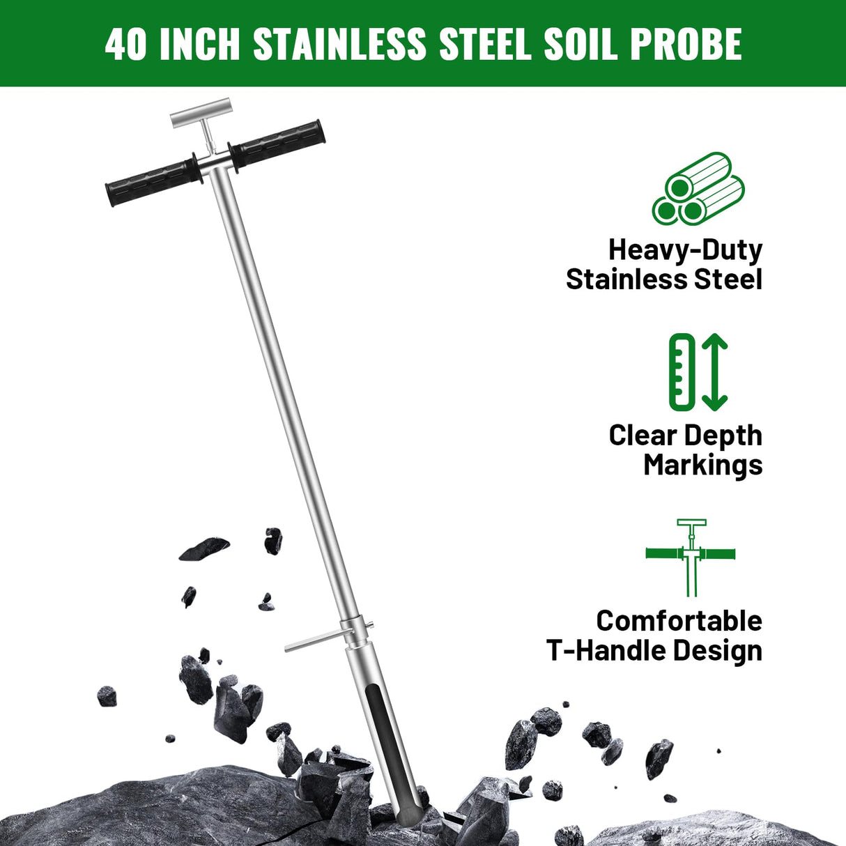 40 Inch Soil Sampler Probe, Stainless Steel Soil Core Sampling Tool with T-Handle, Heavy Duty Soil Probe for Lawn, Garden, Farm & Soil Testing