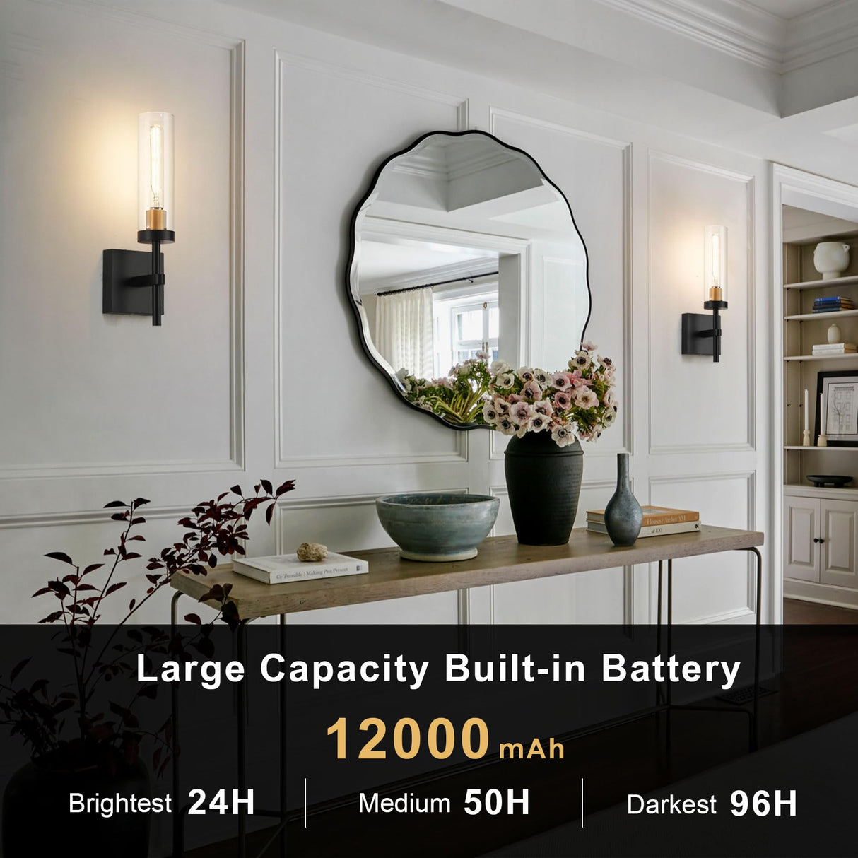 Wireless Wall Sconces with Remote Control, Battery Operated Wall Sconce Set of 2, Black & Gold Rechargeable Dimmable Wall Light for Bedroom Living room Bathroom Hallway Entryway Stairwell, 3000K