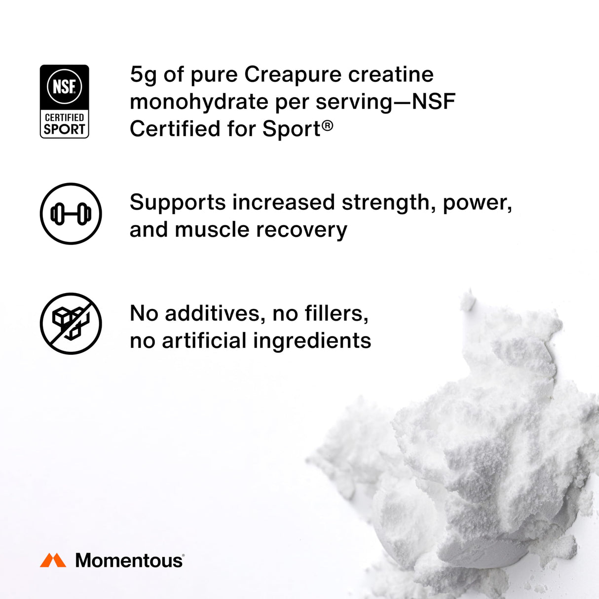 Momentous Creatine Monohydrate Powder - Creapure® Creatine Powder Supports Strength, Lean Muscle, & Recovery for Men & Women - 5 g per Serving - 90 Servings
