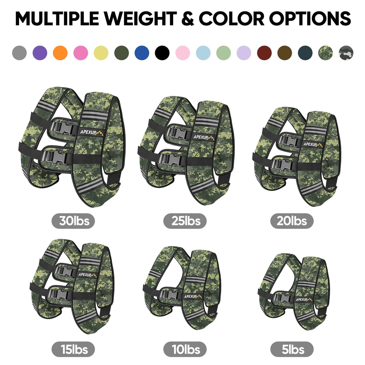 APEXUP Weighted Vest with 5lbs/10lbs/15lbs/20lbs/25lbs/30lbs Weights and Reflective Stripe, Weight Vest Men Women for Workout, Strength Training, Running (Green Digi Camo, 10lbs)