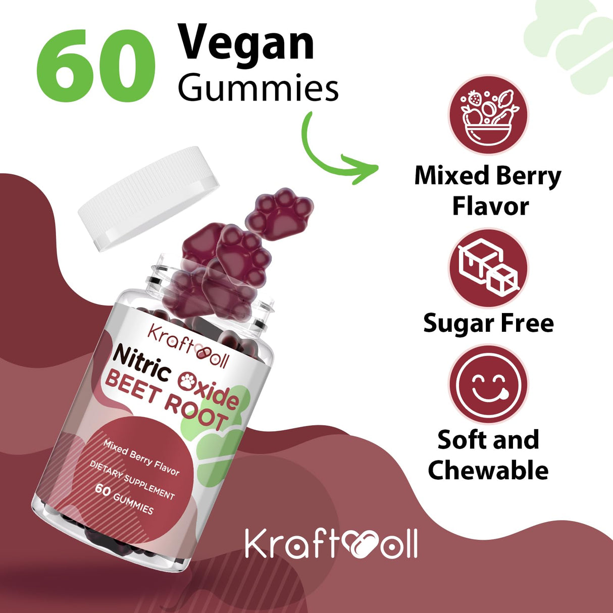 Kraftvoll Nitric Oxide Beet Root Gummies with Grapeseed Powder, Pomegranate Powder, Vitamin C & B12 – Sugar-Free, Mixed Berry Flavor – 60 Gummies