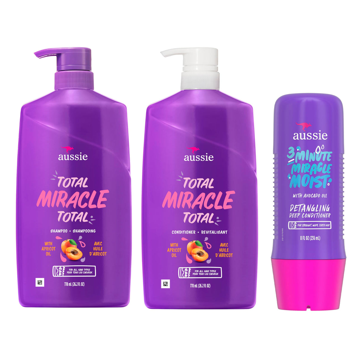 Aussie Total Miracle Hair Care Bundle: Shampoo, Conditioner, and 3 Minute Deep Treatment with Apricot & Macadamia Oil, Paraben-Free for Damaged Hair, 26.2 & 8 Fl Oz