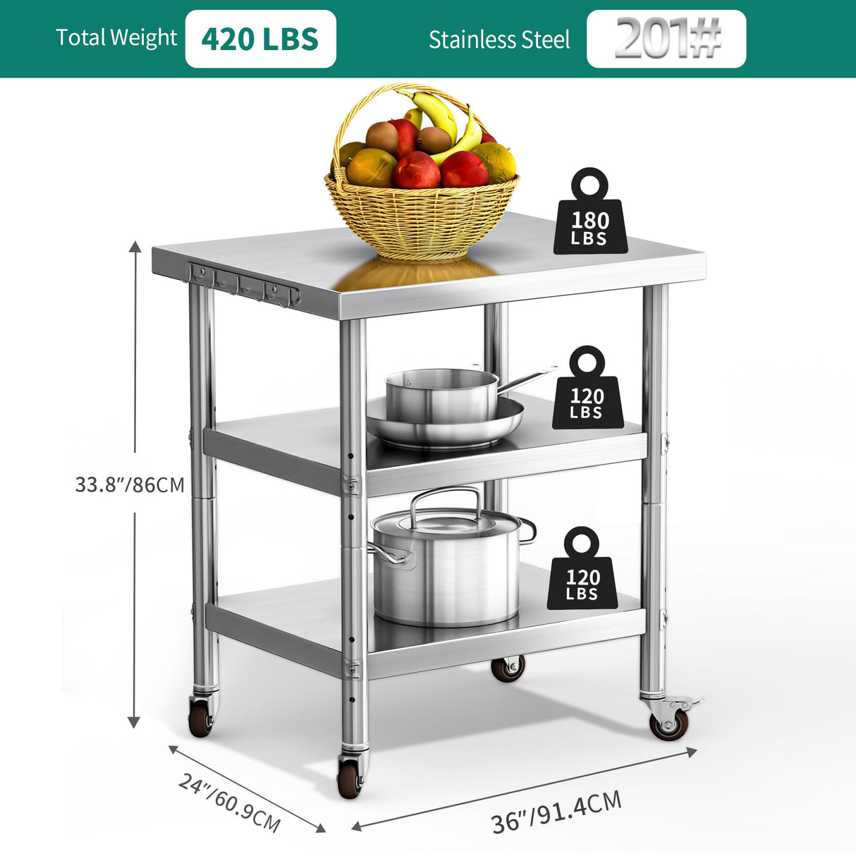 YITAHOME NSF Stainless Steel Table, 36" X 24" Worktable with Wheels, 3 Shelves Metal Prep Workstation for Home Kitchen Restaurant Garage Warehouse Outdoor