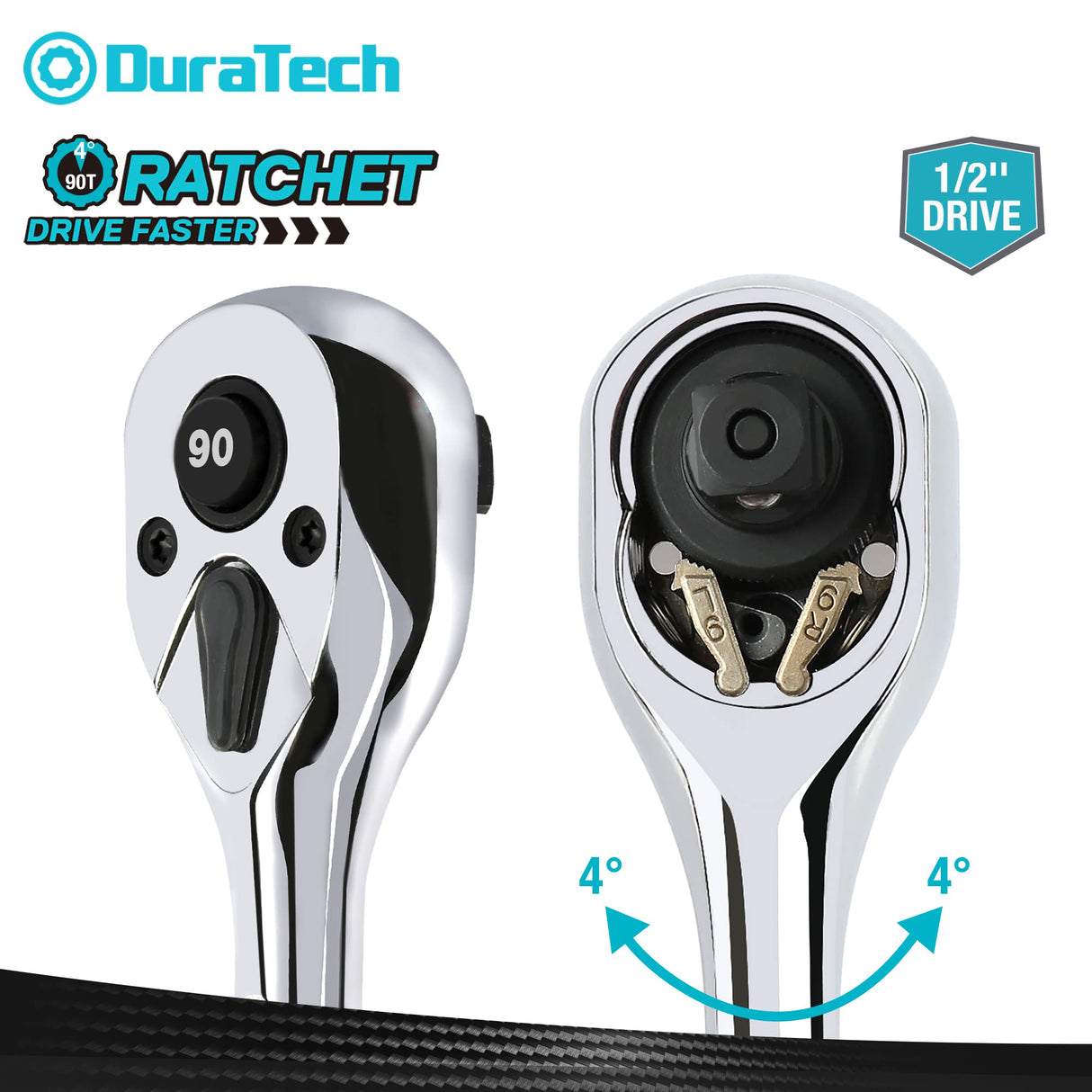 DURATECH 1/2-Inch Drive Ratchet, 90-Tooth Quick-release Ratchet Wrench, Reversible, Cr-V Made, Full Polished, Stocking Stuffers for Men Women Gifts for Men Gifts for Women