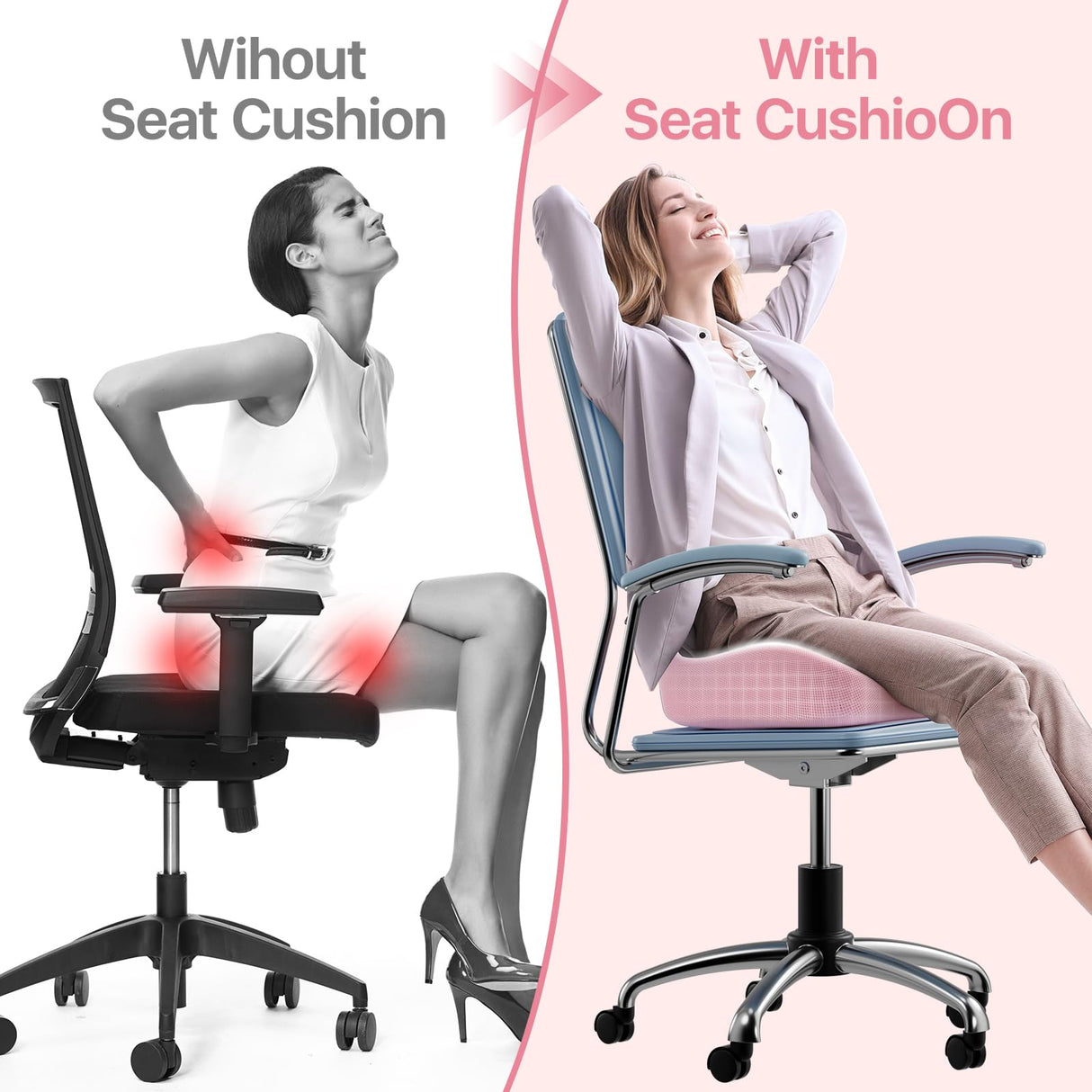 CJACSOC Seat Cushion, Extra Large Memory Foam Cushion for Office Chair Cushions, Ergonomic Cushions Pad Pillow for Pressure Relief Sciatica & Pain Relief for Long Sitting, Pink