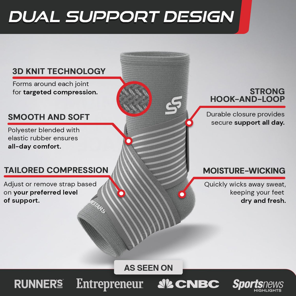 Sleeve Stars Ankle Brace for Women & Men, Ankle Wrap for Sprained, Compression Sleeve for Plantar Fasciitis Relief, Easy Customizable Support: w/ Removable Strap (Single/M:10"-12"/Gray)