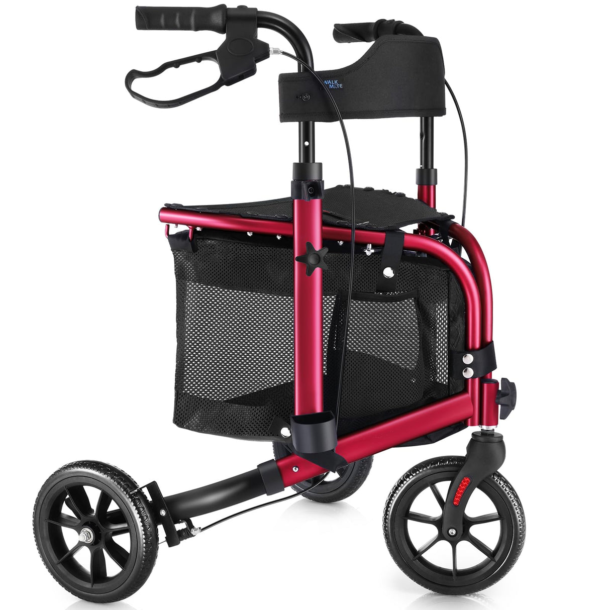 WALK MATE 3 Wheel Rollator Walker with Seat for Slim Seniors, Padded Backrest Lightweight Foldable Walker Ideal for Elderly, 8 Inch Tri-Wheel Modern Mobility Walking Aid Aluminum, Red