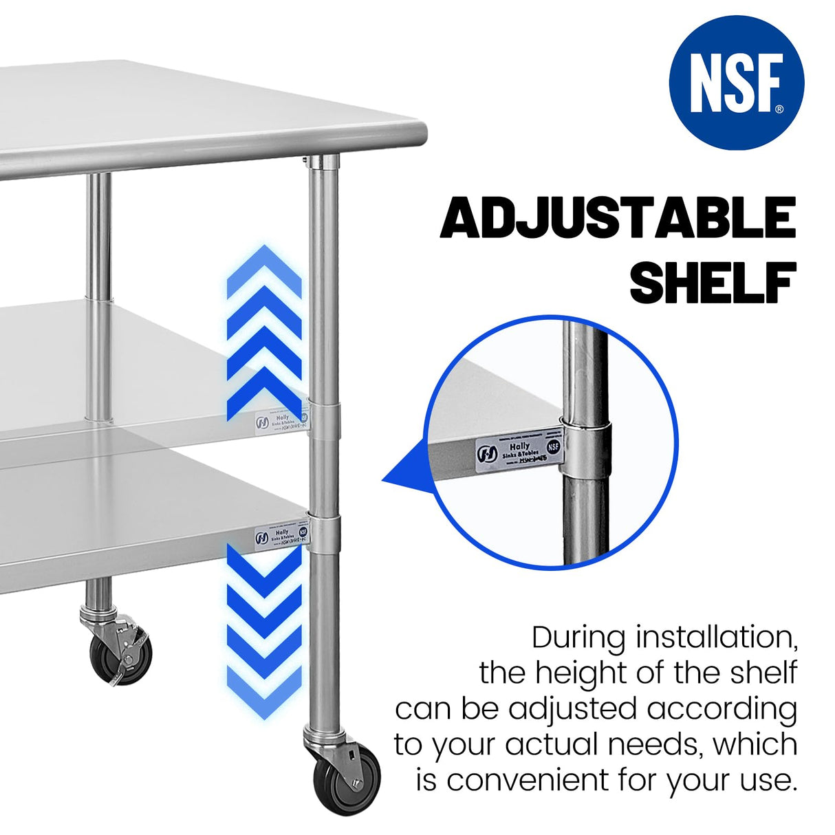 Hally Stainless Steel Table for Prep & Work 30 x 60 Inches with Caster Wheels, NSF Commercial Heavy Duty Table with Undershelf and Galvanized Legs for Restaurant, Home and Hotel