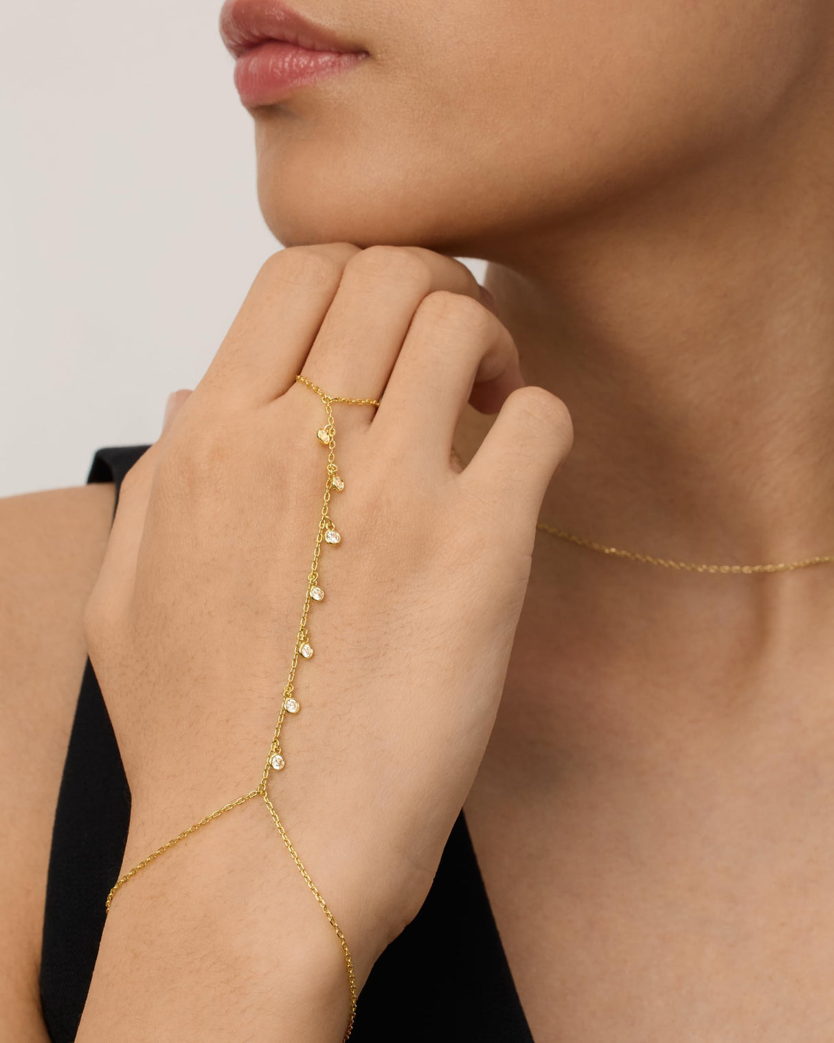 PAVOI CZ Dainty Hand Chain, 14K Gold Plated, Yellow Gold