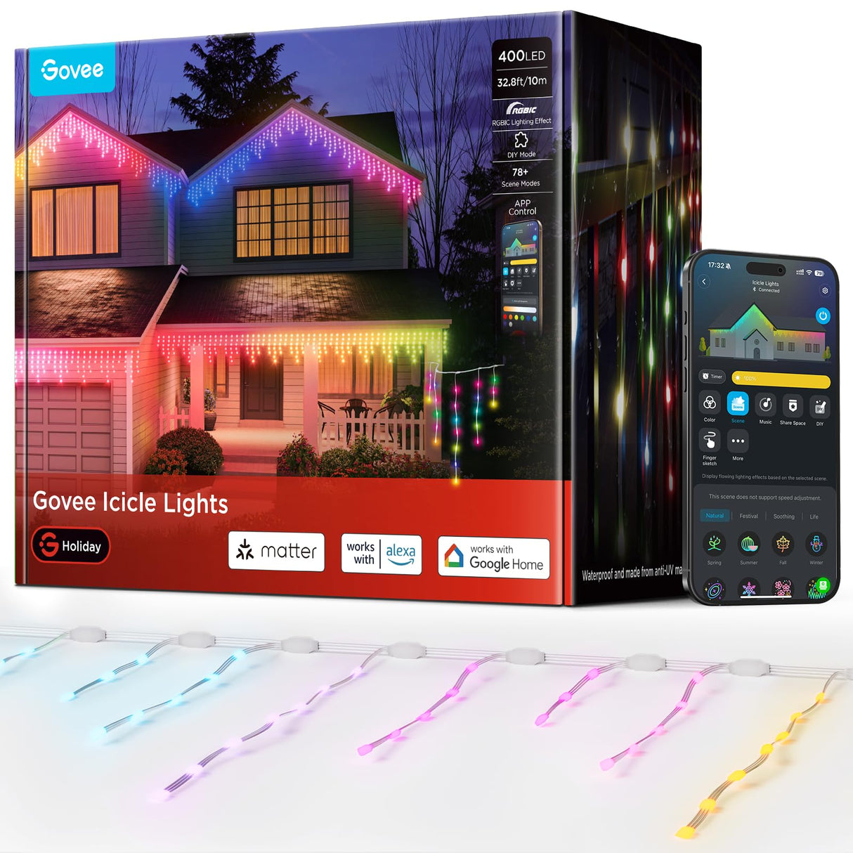 Govee Icicle Lights, Smart RGBIC Christmas Lights for Outside, 33ft with 400 LEDs Icicle Light Outdoor, IP67 Waterproof, Music Sync, Voice Control, 78+ Scene Modes for Halloween Decor