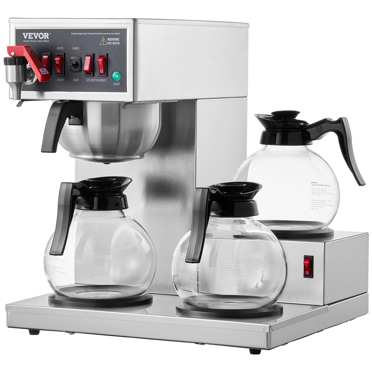VEVOR 12 Cups Commercial Drip Coffee Maker, Coffee Maker Machine with 3 Glass Carafes and 3 Warmer Plates, Stainless Steel Pour Over Coffee Brewer with Auto Water Intake, for Restaurant Office Cafe