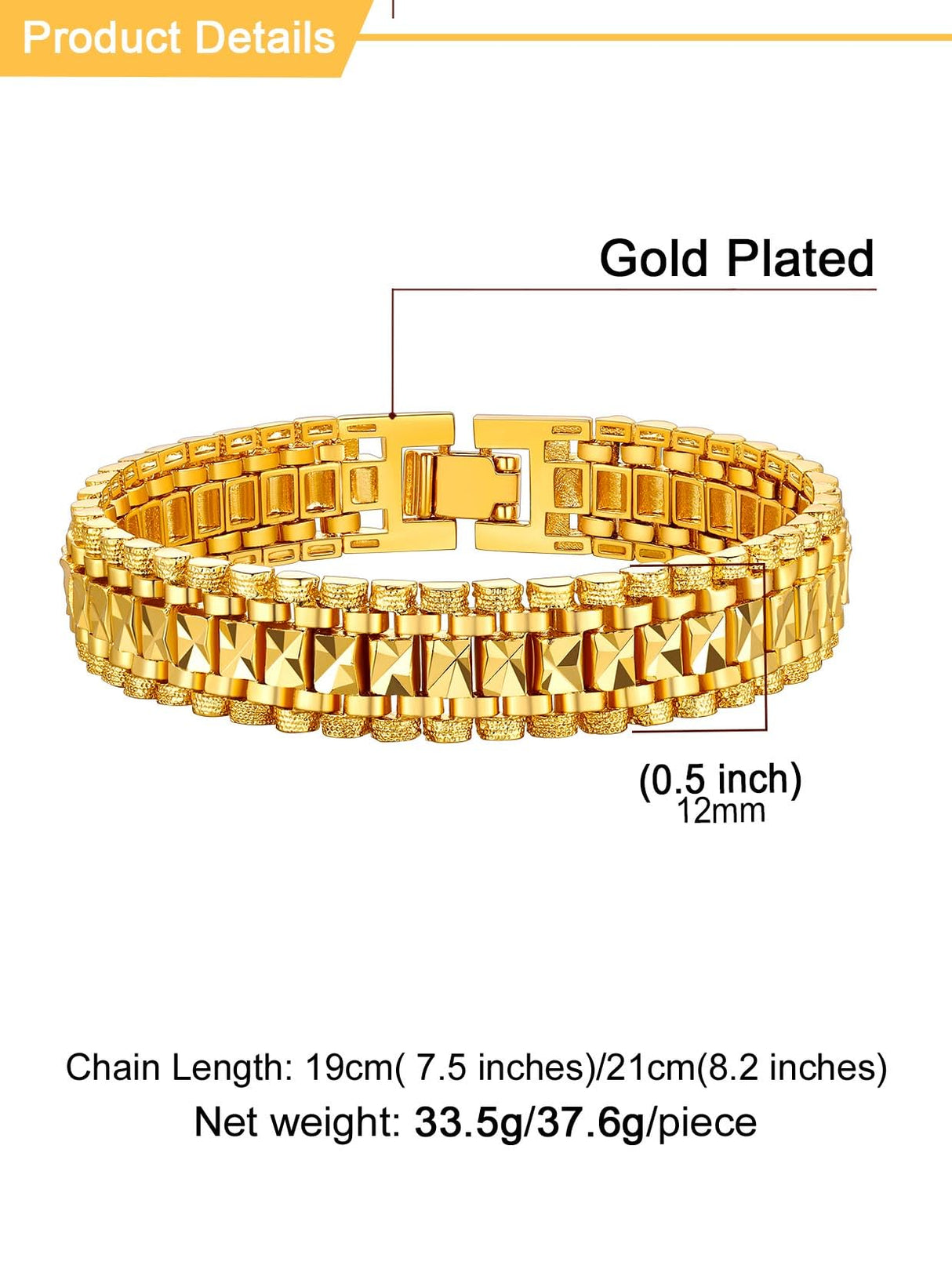 U7 Gold Bracelet for Men,14K Yellow Gold Plated Solid Mens Bracelet 12mm