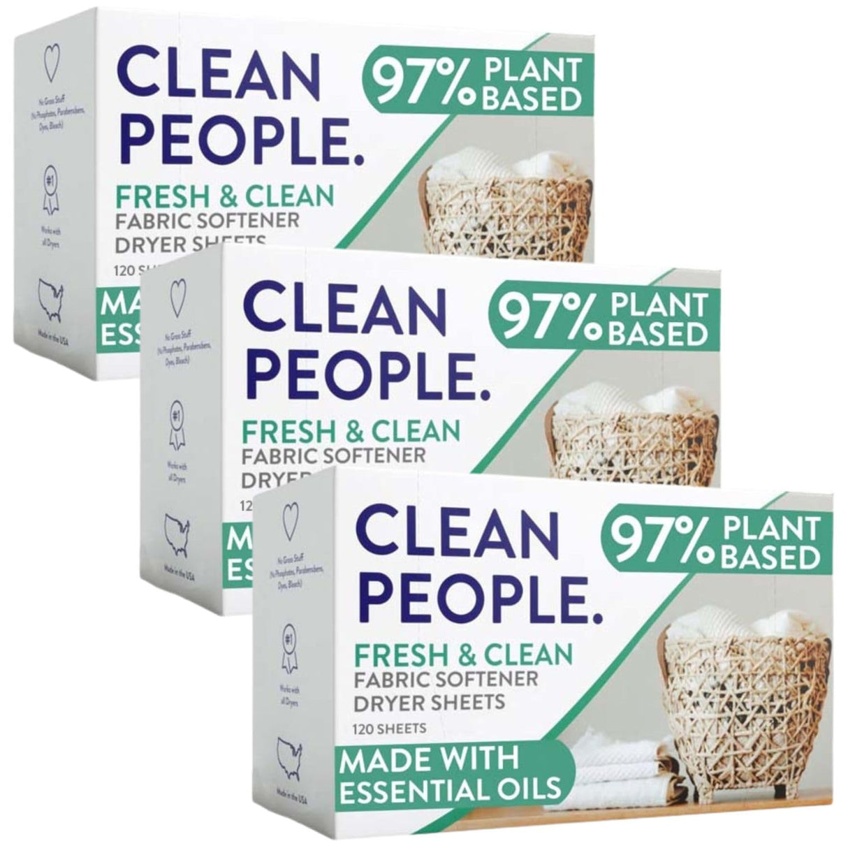 The Clean People Fabric Softener Sheets - Dryer Sheets - Softens & Removes Static - Vegan Laundry Softener With Essential Oils - Fresh 360 Pack